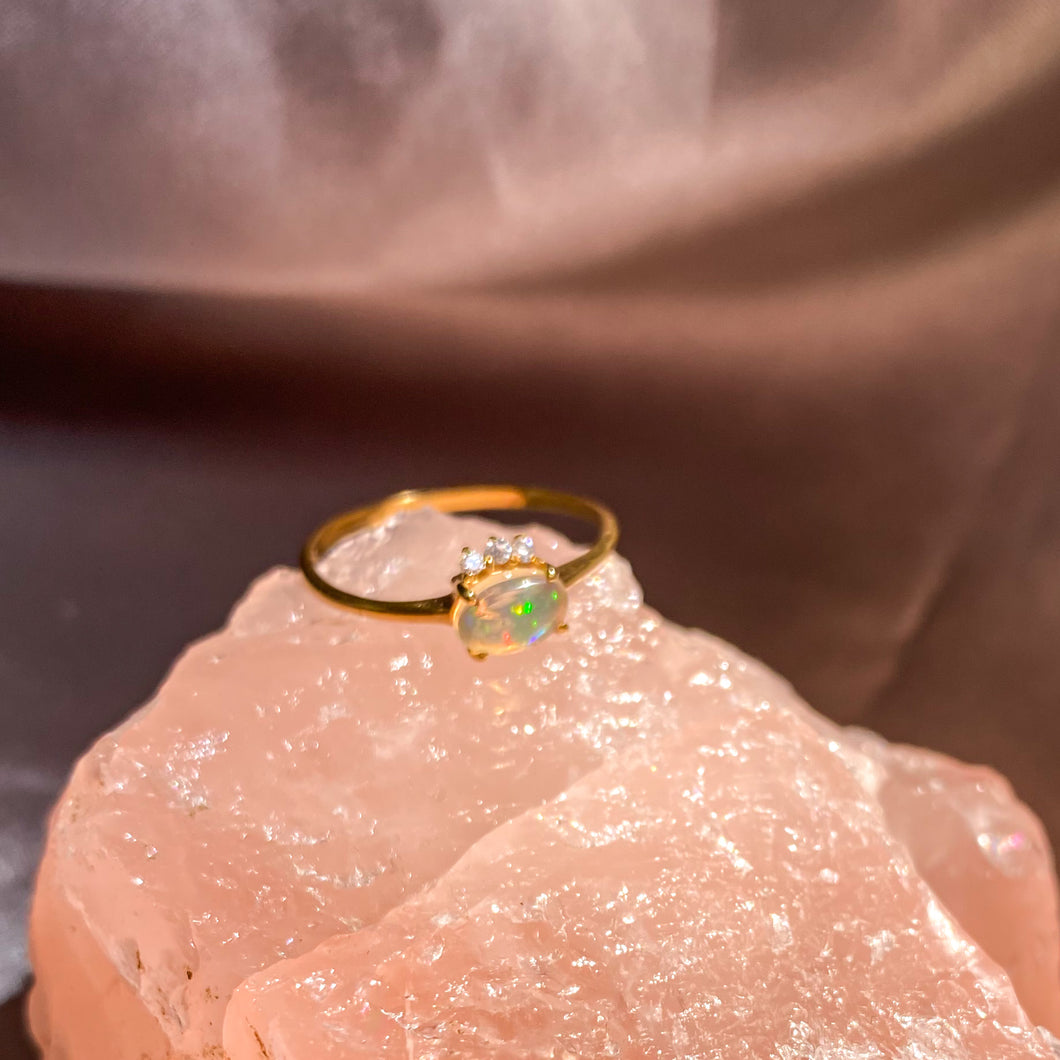 Ethiopian Fire Opal with 3 Zircon Ring with Dainty Gold Band OR-01