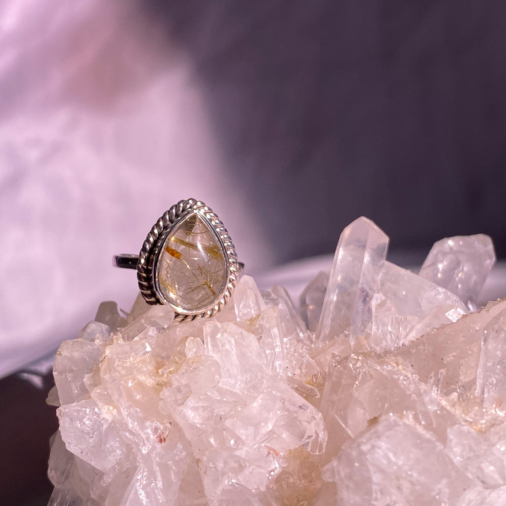 Gold Rutilated Quartz Teardrop Sterling Silver Ring