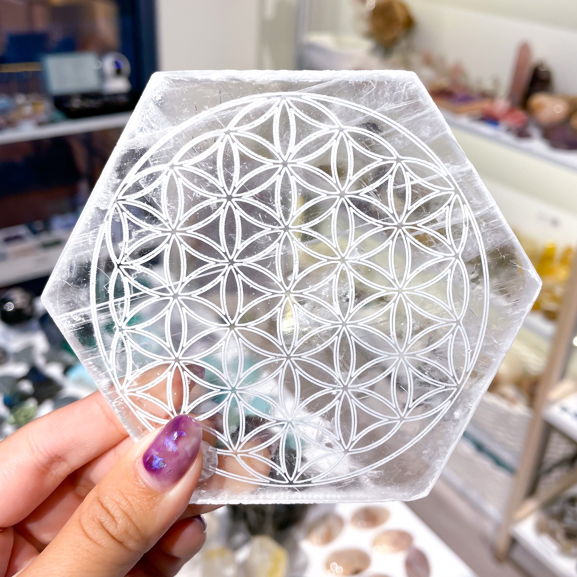 [Preorder] Selenite Flower of Life Gridding Cleansing Hexagon Plate