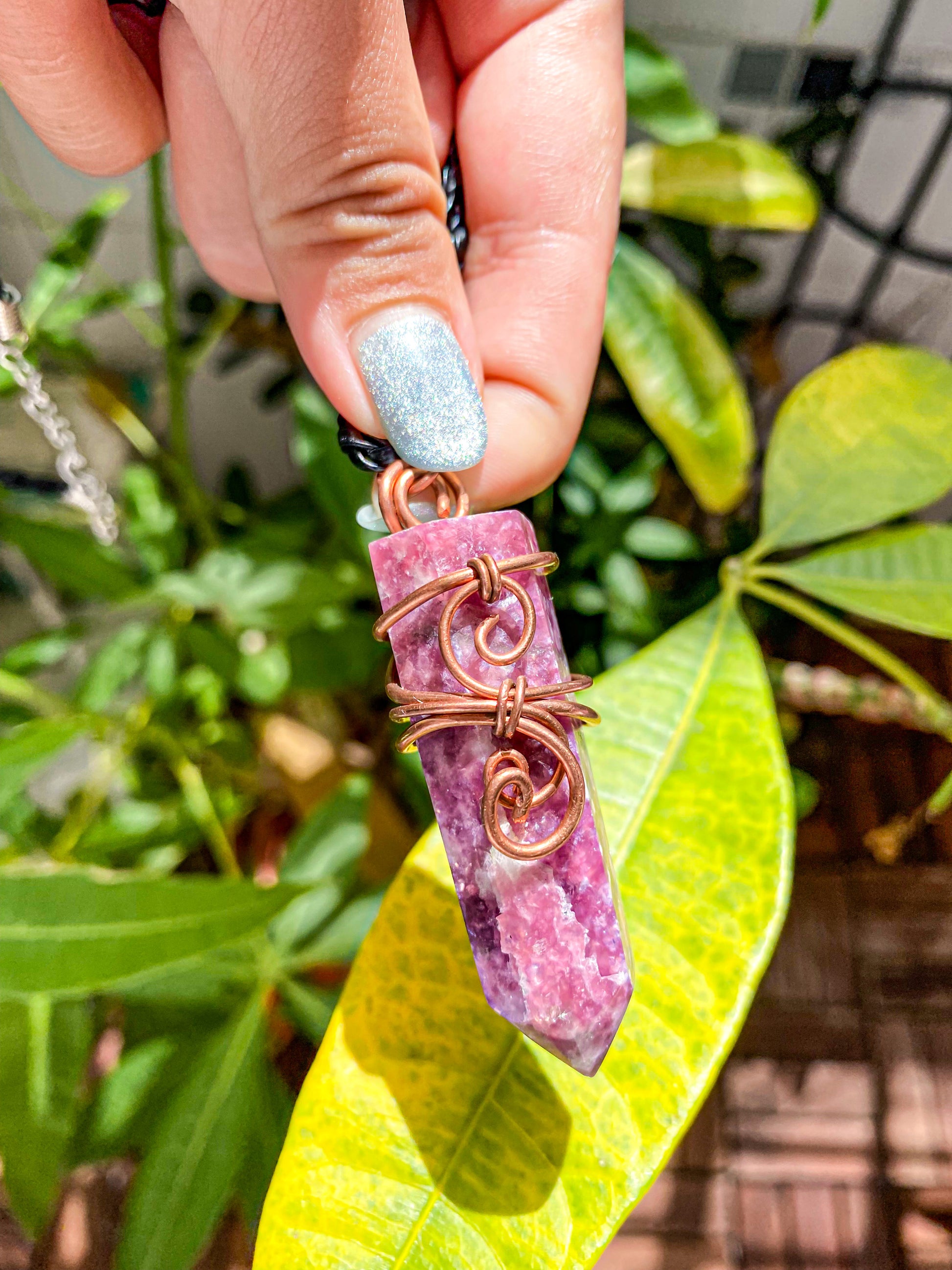 Lepidolite Points Wire Wrapped in Copper Pendants from Namibia