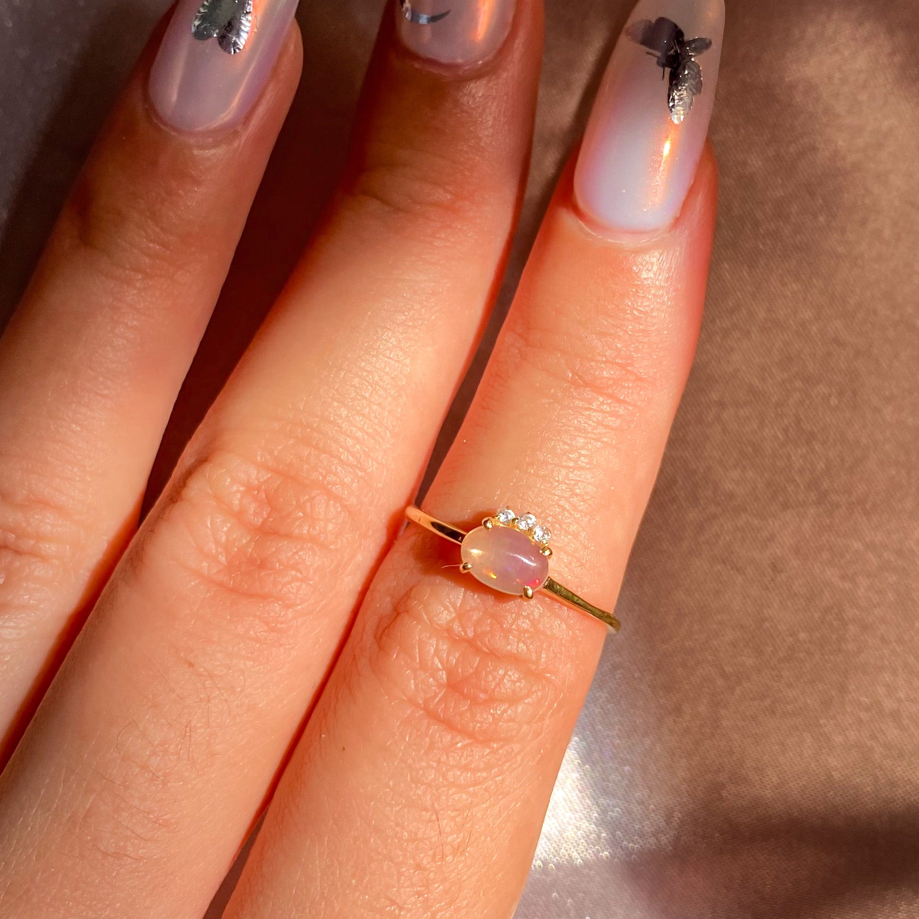 Ethiopian Fire Opal with 3 Zircon Ring with Dainty Gold Band OR-01