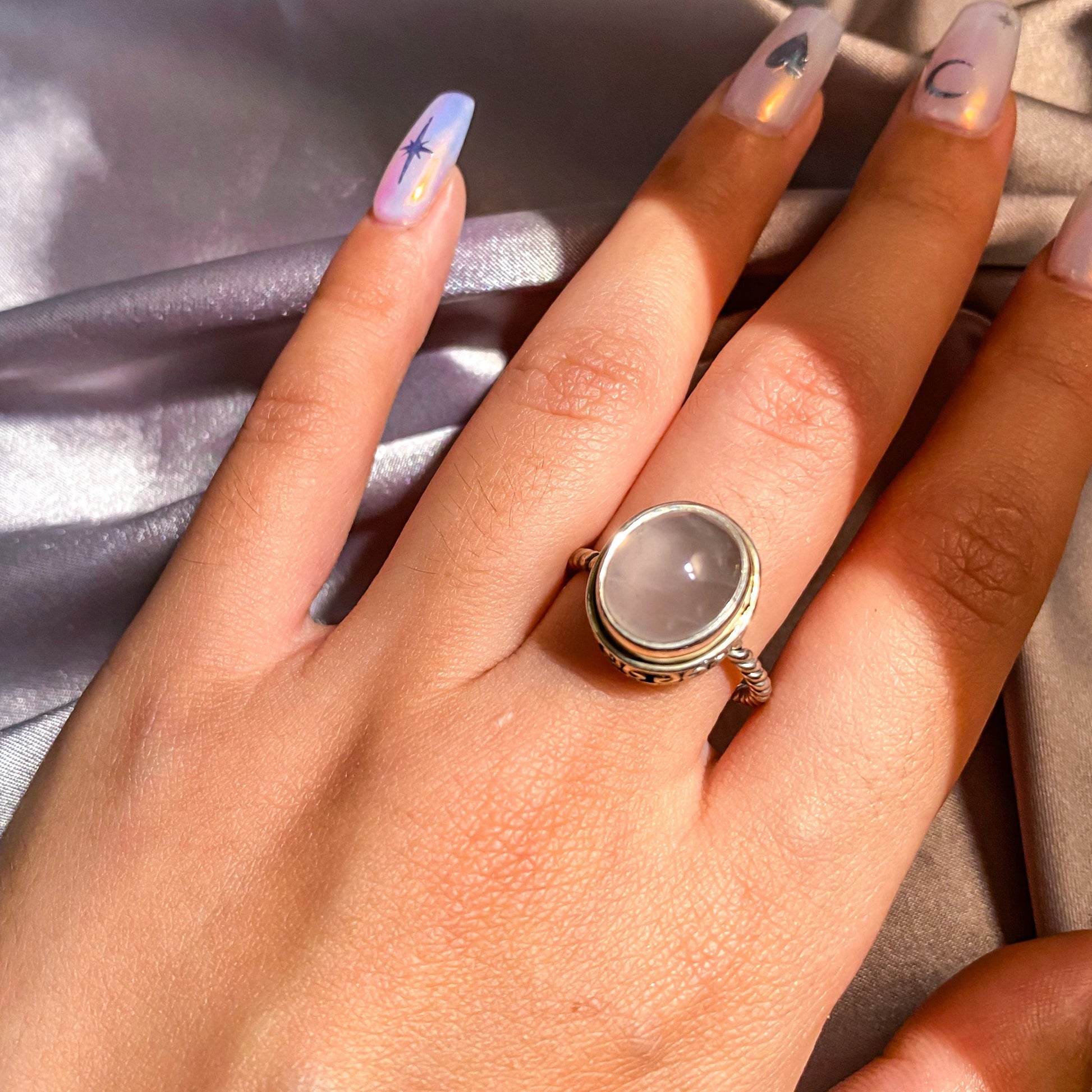 Rose Quartz on Intricate Silver Rope Band Ring RQR-01