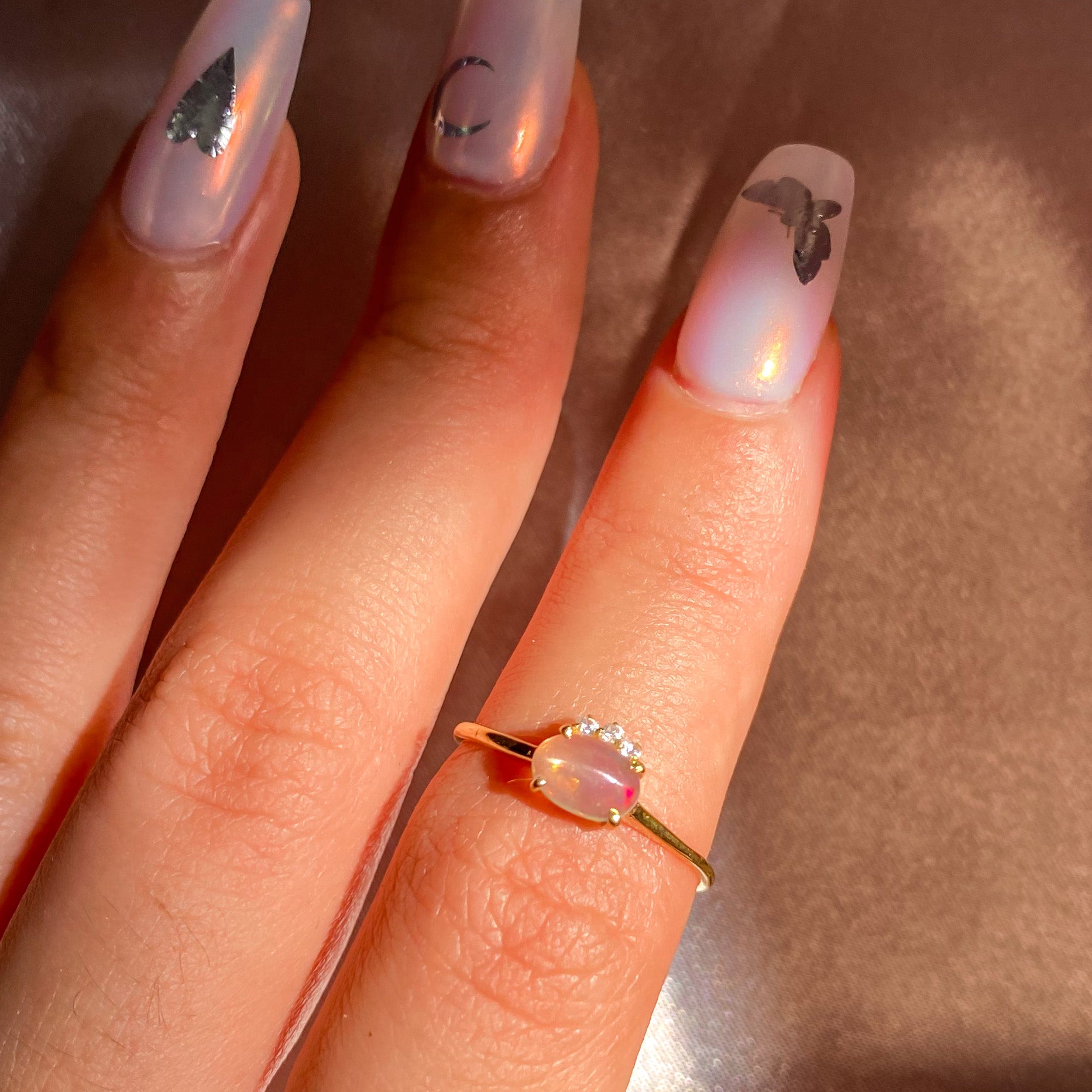 Ethiopian Fire Opal with 3 Zircon Ring with Dainty Gold Band OR-01
