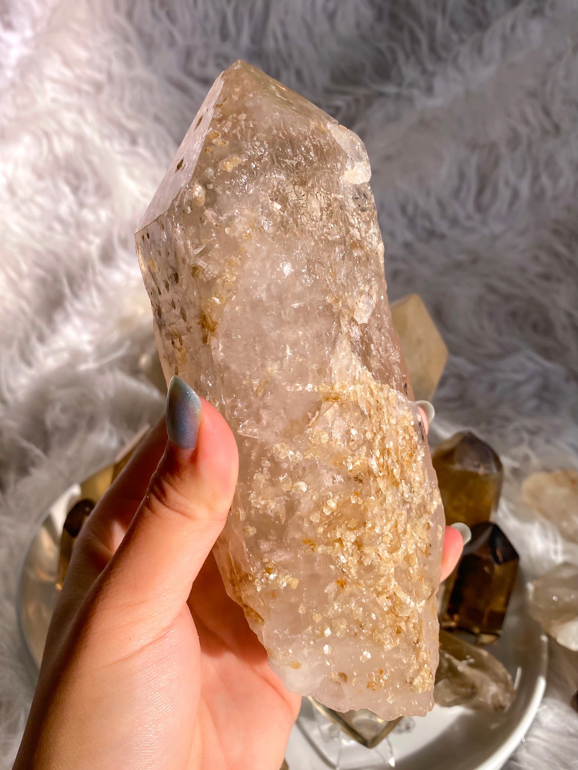 Natural Etched Raw Brazilian Champagne Colored Citrine Point with Yellow Mica