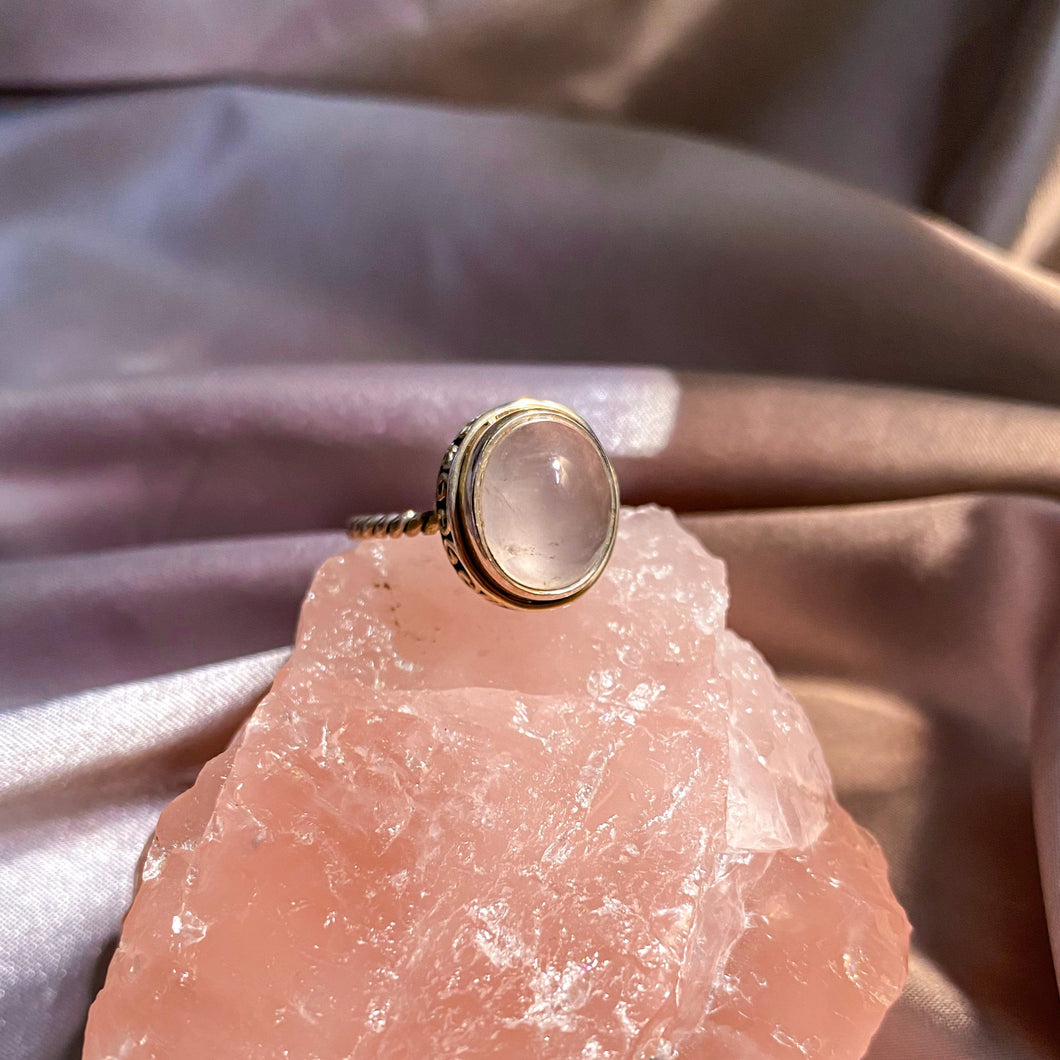 Rose Quartz on Intricate Silver Rope Band Ring RQR-01
