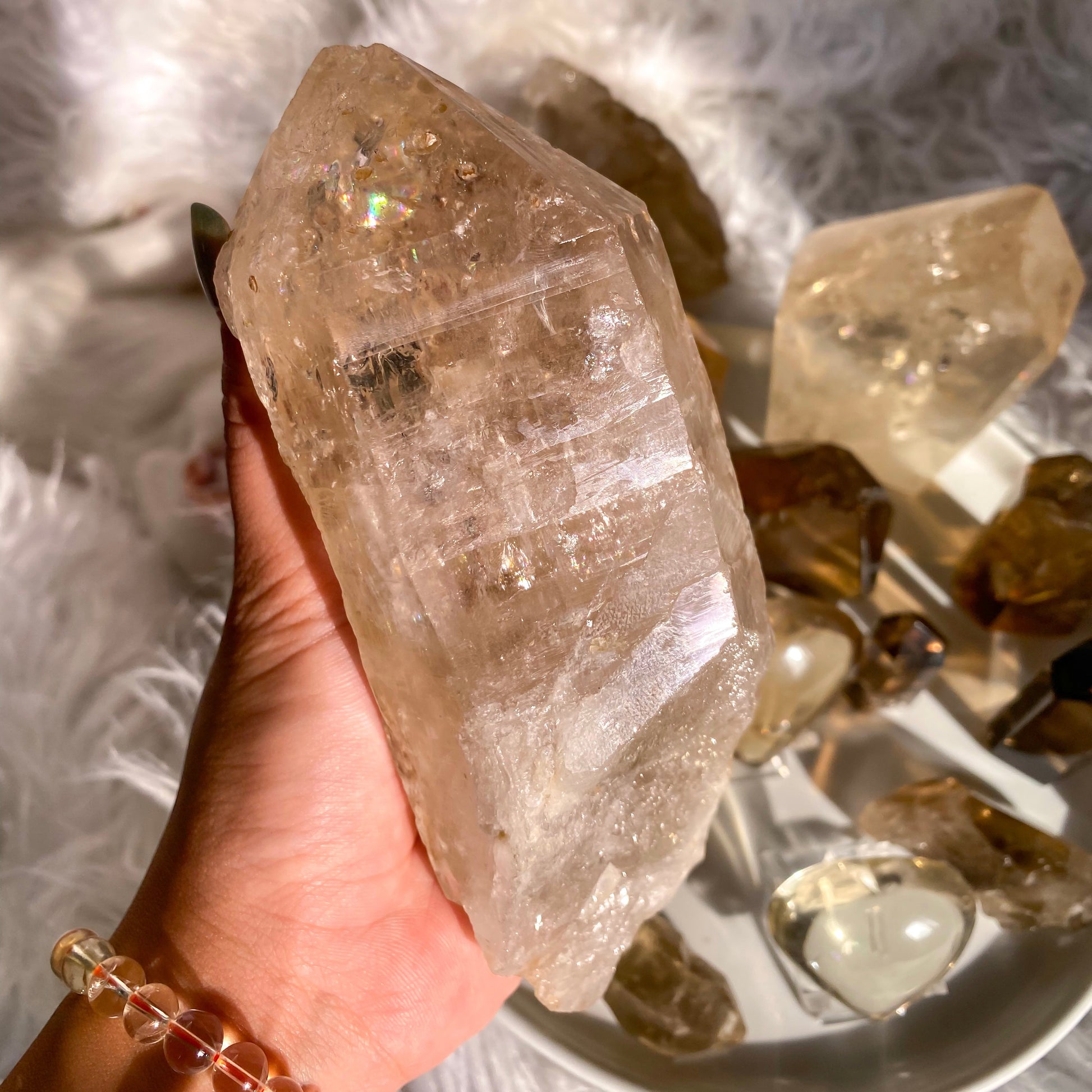 Natural Etched Raw Brazilian Champagne Colored Citrine Point with Yellow Mica