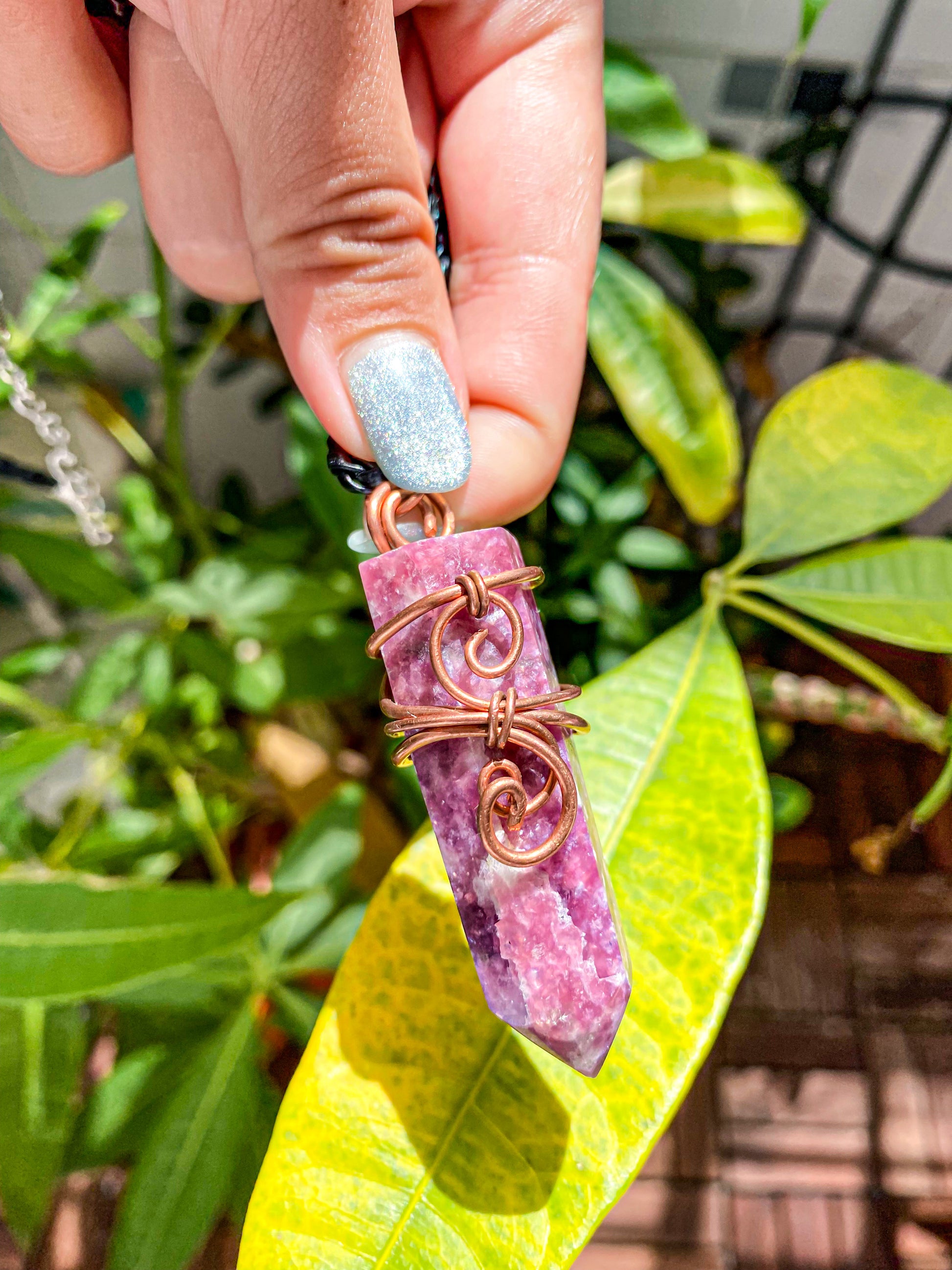 Lepidolite Points Wire Wrapped in Copper Pendants from Namibia