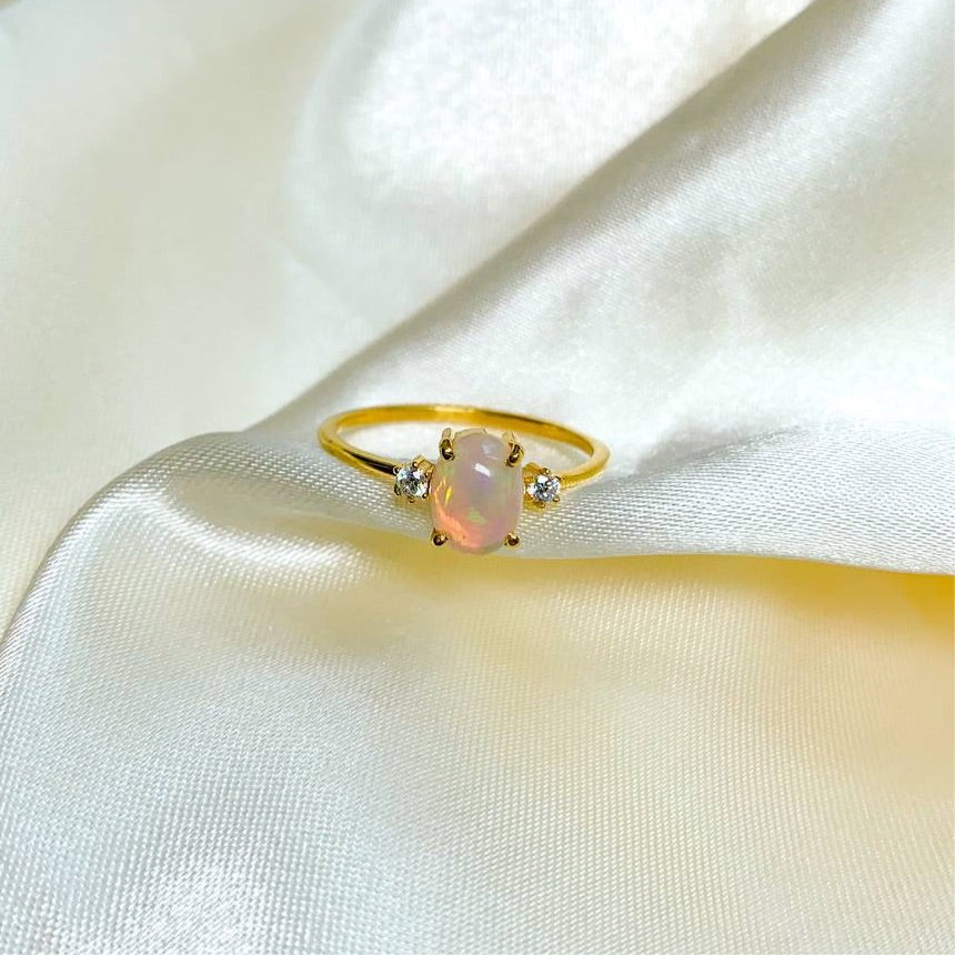 Ethiopian Opal Large Gem with Side Zircons on 18k Gold Filled Band