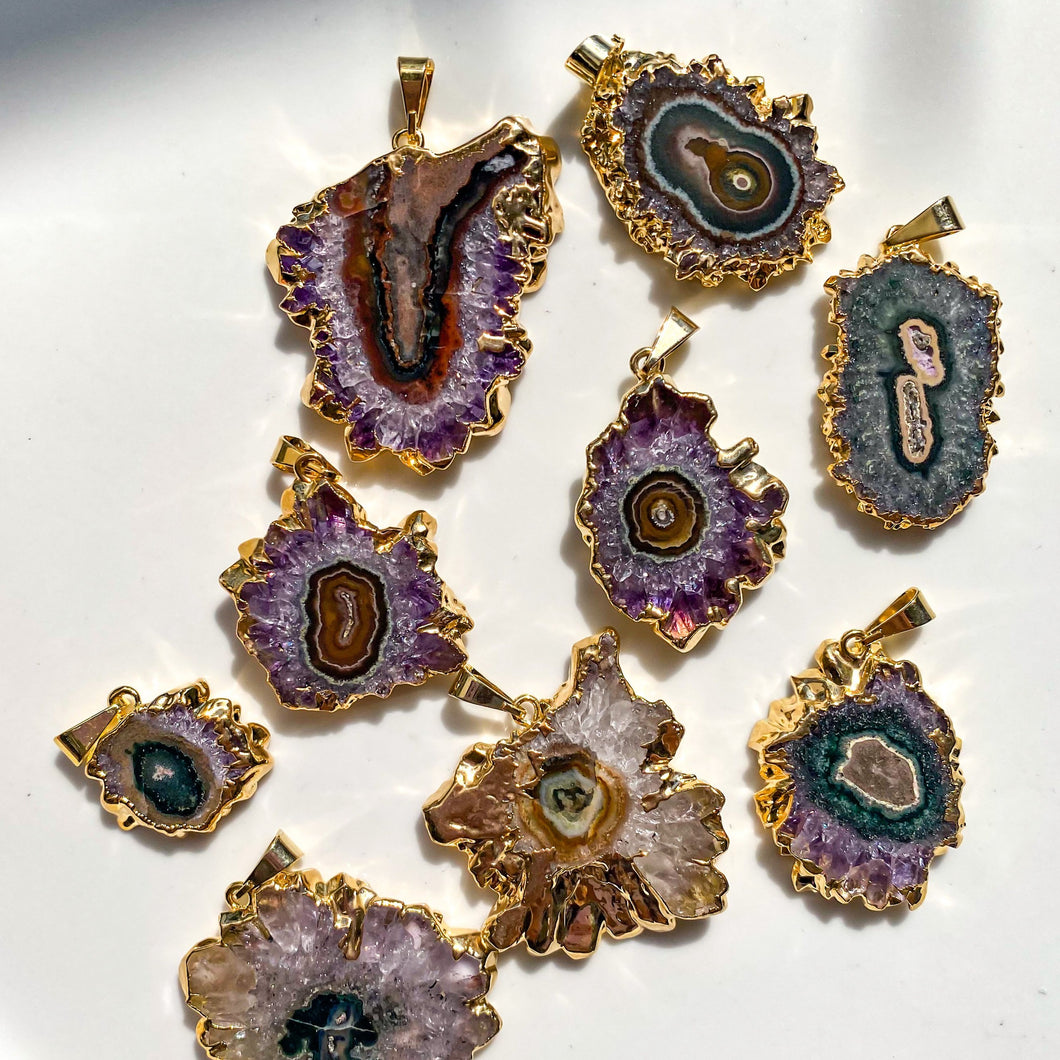 Amethyst Stalactite Pendants with Plated Edges