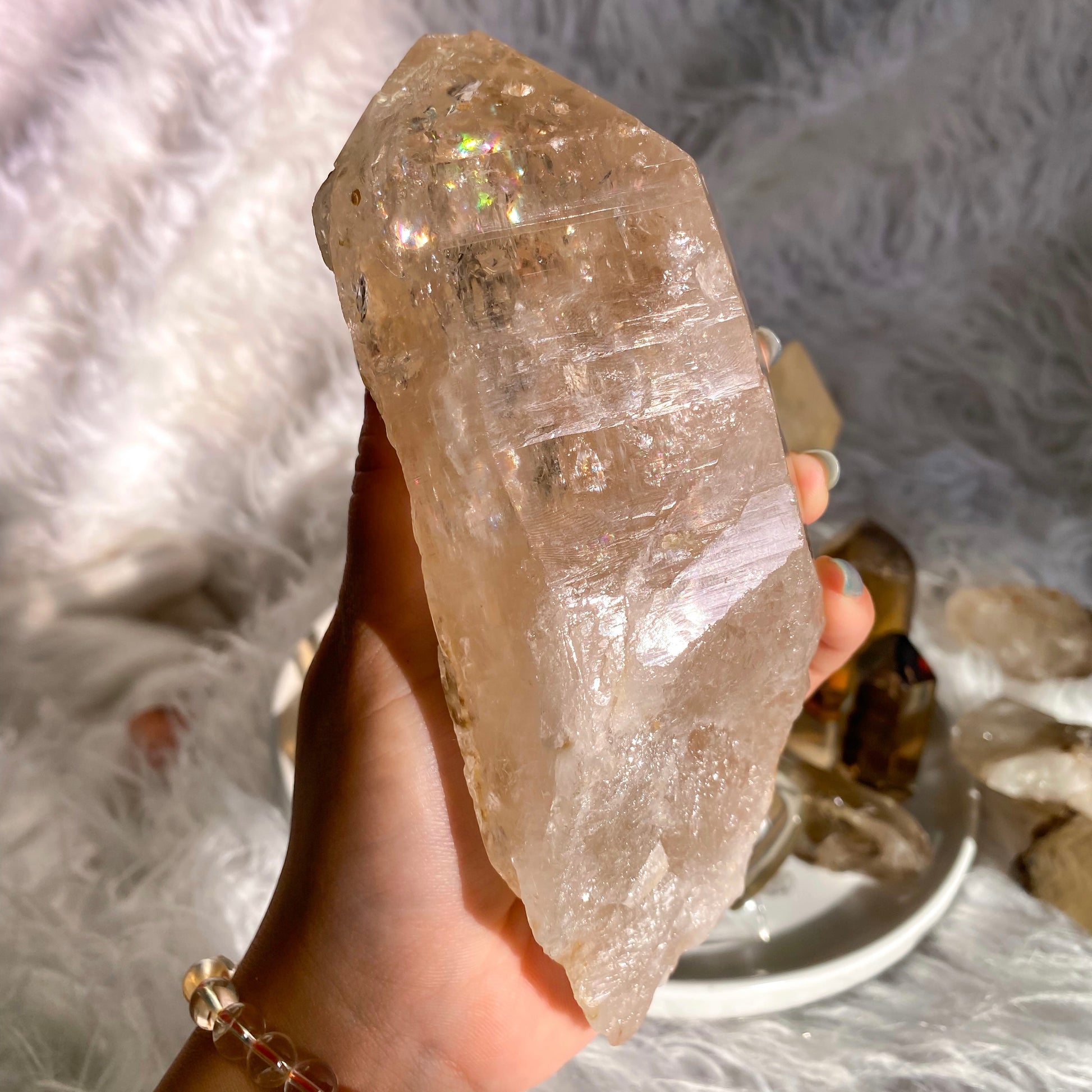 Natural Etched Raw Brazilian Champagne Colored Citrine Point with Yellow Mica