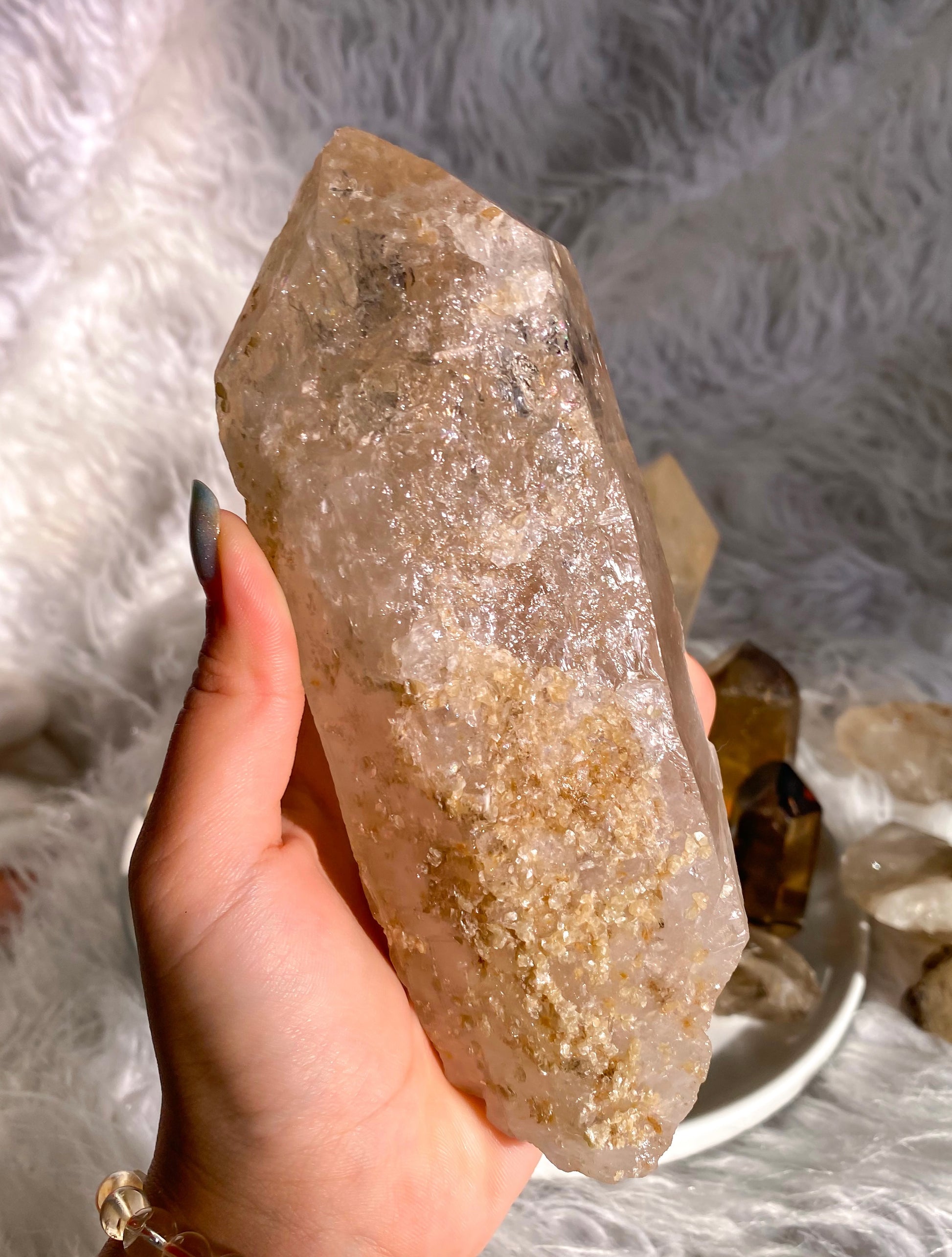 Natural Etched Raw Brazilian Champagne Colored Citrine Point with Yellow Mica