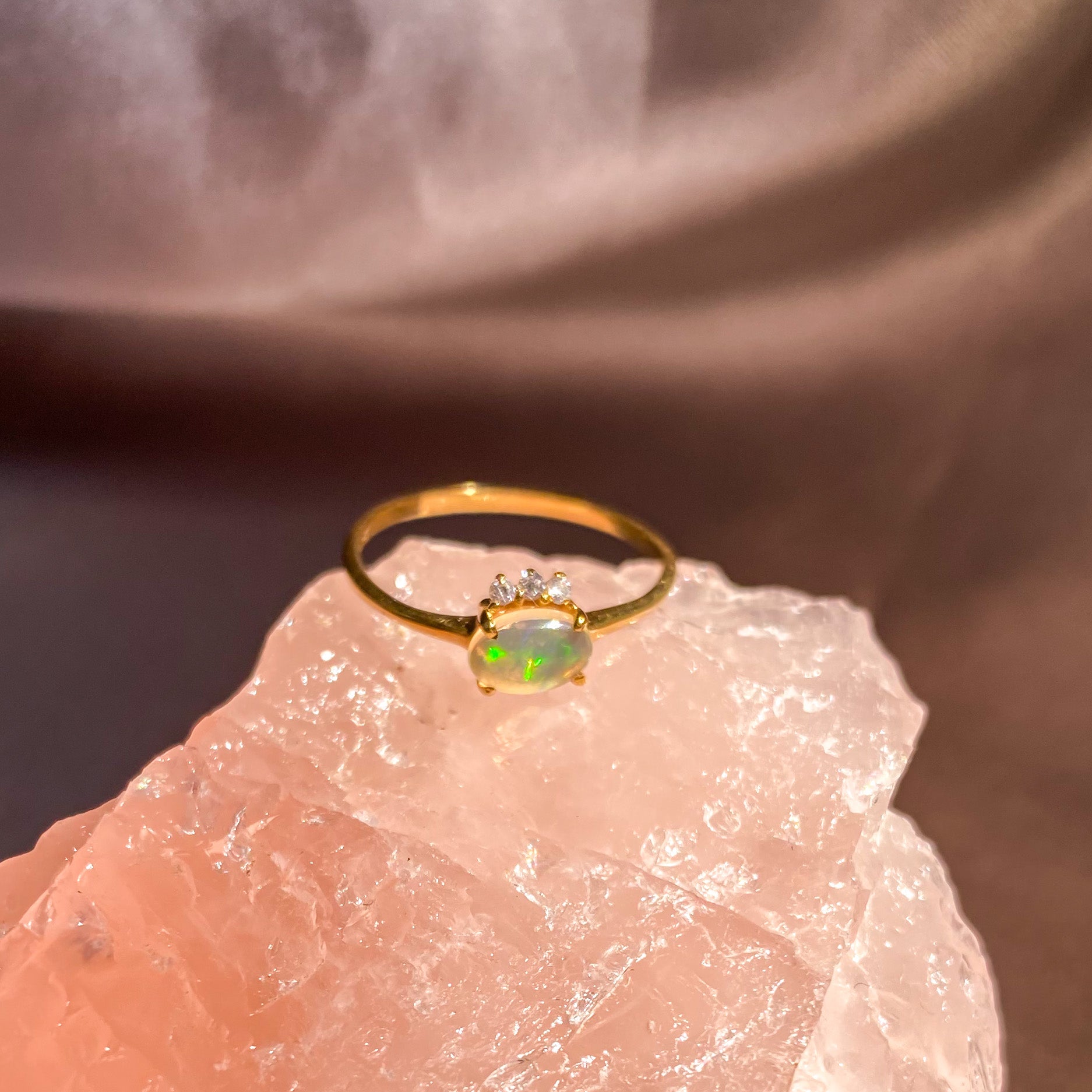 Ethiopian Fire Opal with 3 Zircon Ring with Dainty Gold Band OR-01