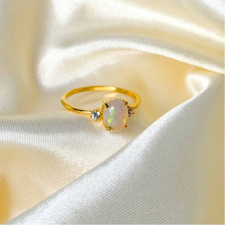Ethiopian Opal Large Gem with Side Zircons on 18k Gold Filled Band