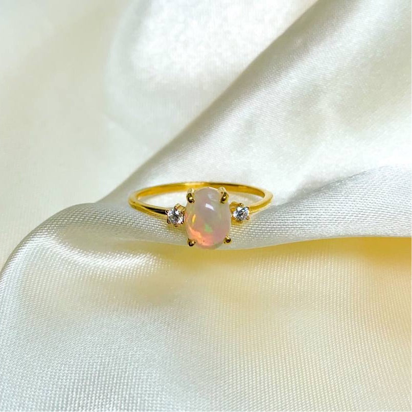 Ethiopian Opal Large Gem with Side Zircons on 18k Gold Filled Band
