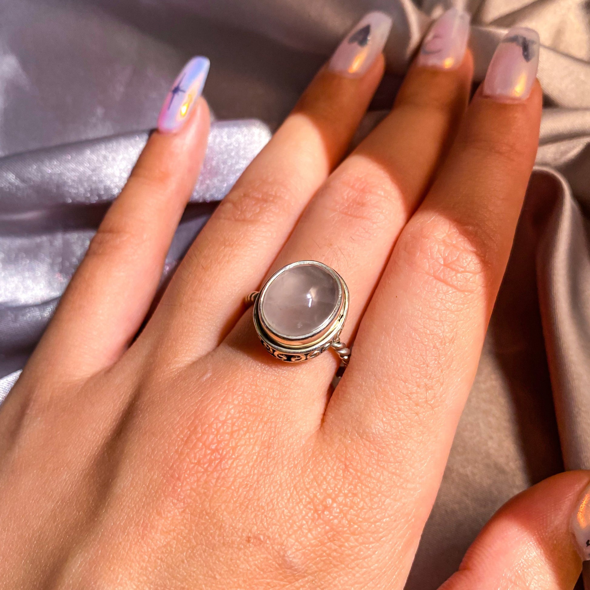 Rose Quartz on Intricate Silver Rope Band Ring RQR-01