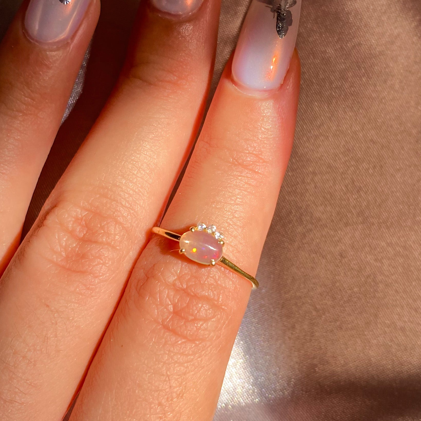 Ethiopian Fire Opal with 3 Zircon Ring with Dainty Gold Band OR-01