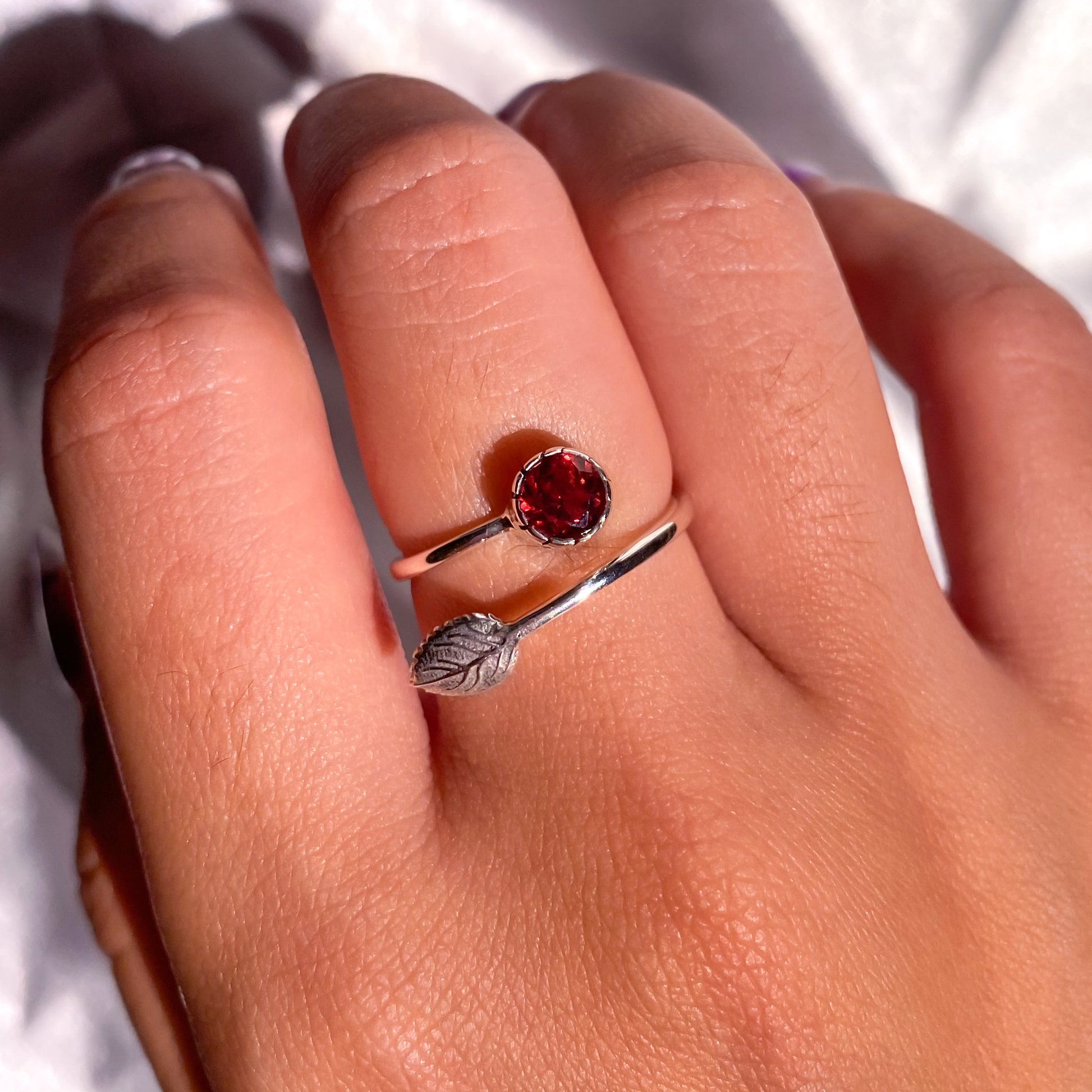 Garnet Gemstone in 925 Sterling Silver Leaf Ring - Preorder