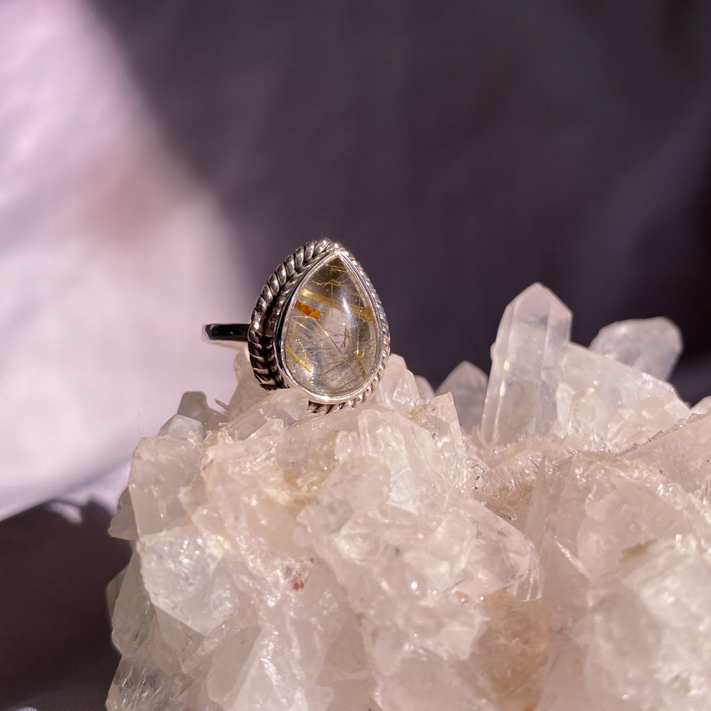 Gold Rutilated Quartz Teardrop Sterling Silver Ring