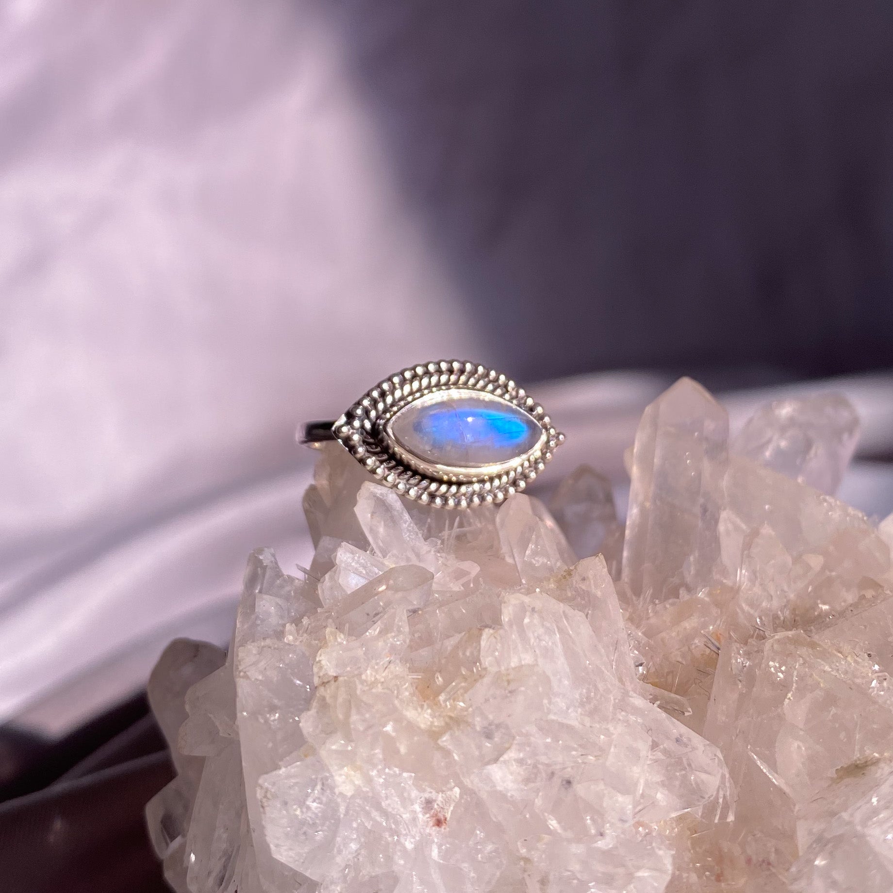 Moonstone “Eye” Ring in Intricate Setting