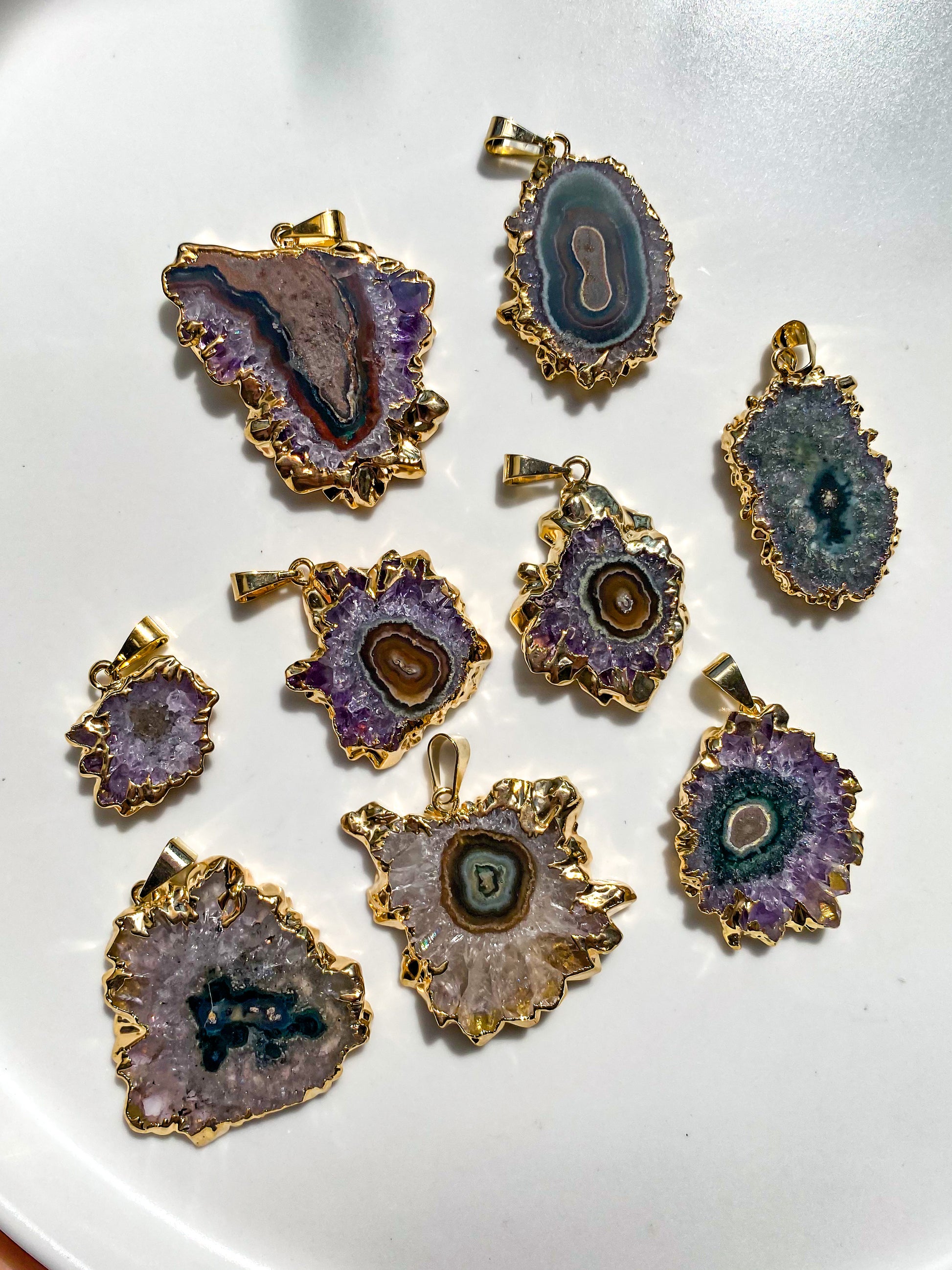 Amethyst Stalactite Pendants with Plated Edges