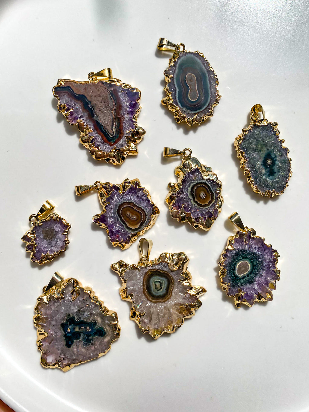 Amethyst Stalactite Pendants with Plated Edges
