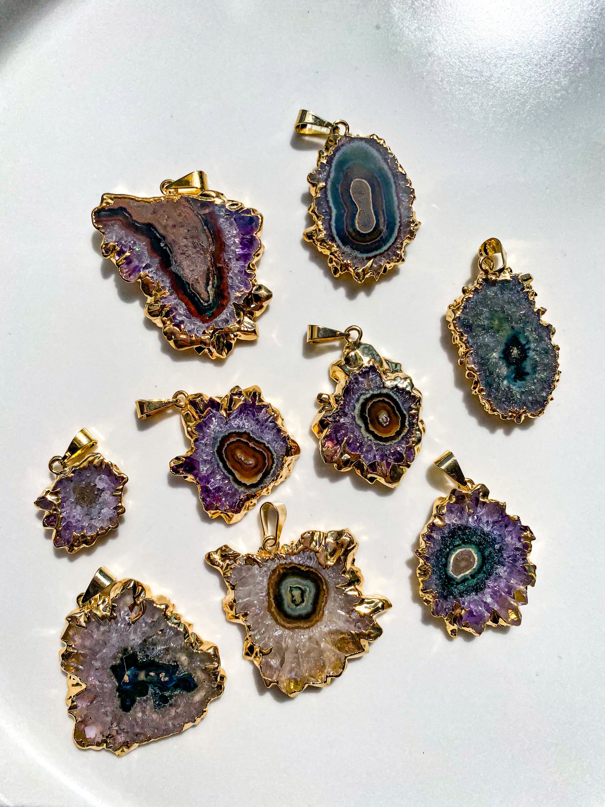 Amethyst Stalactite Pendants with Plated Edges