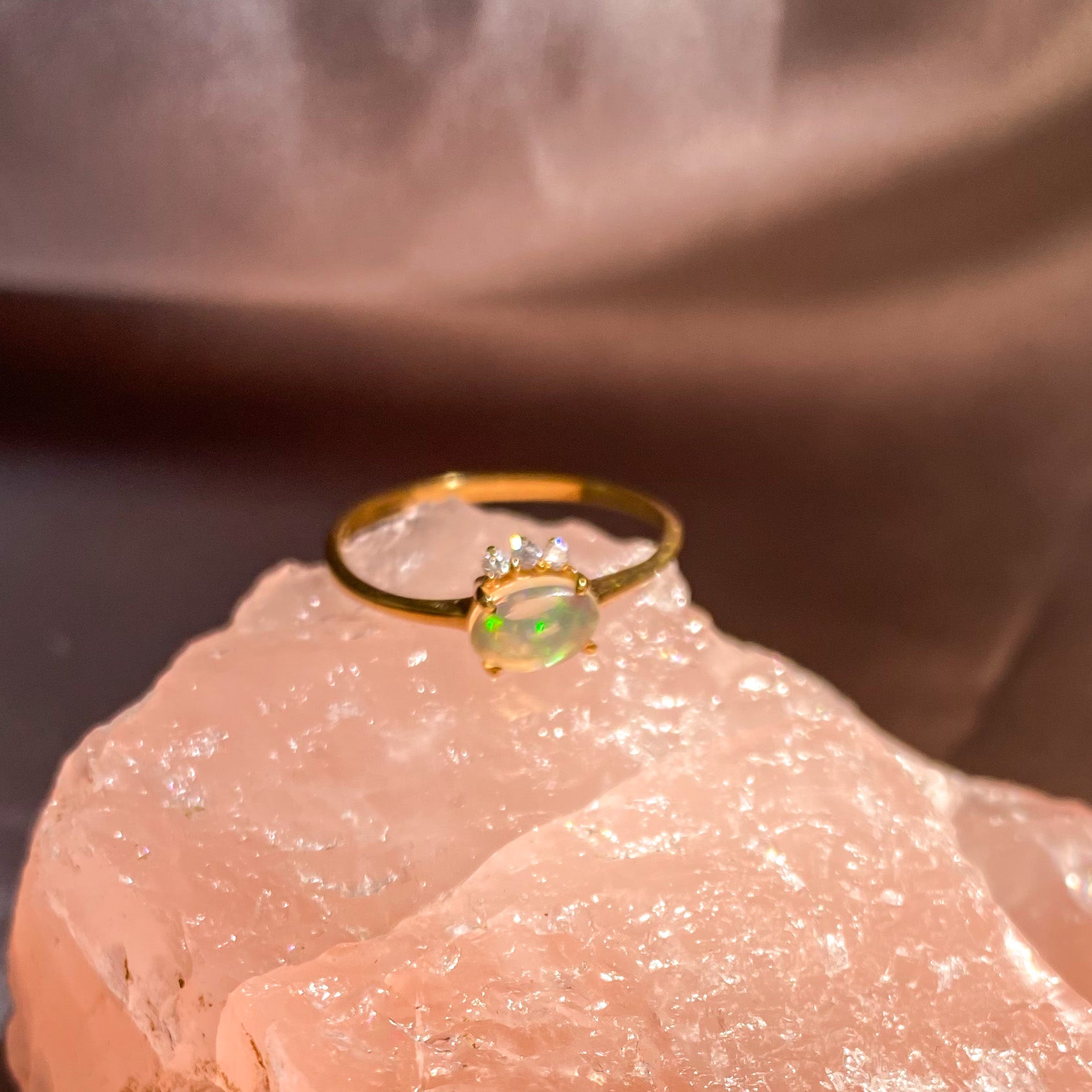 Ethiopian Fire Opal with 3 Zircon Ring with Dainty Gold Band OR-01