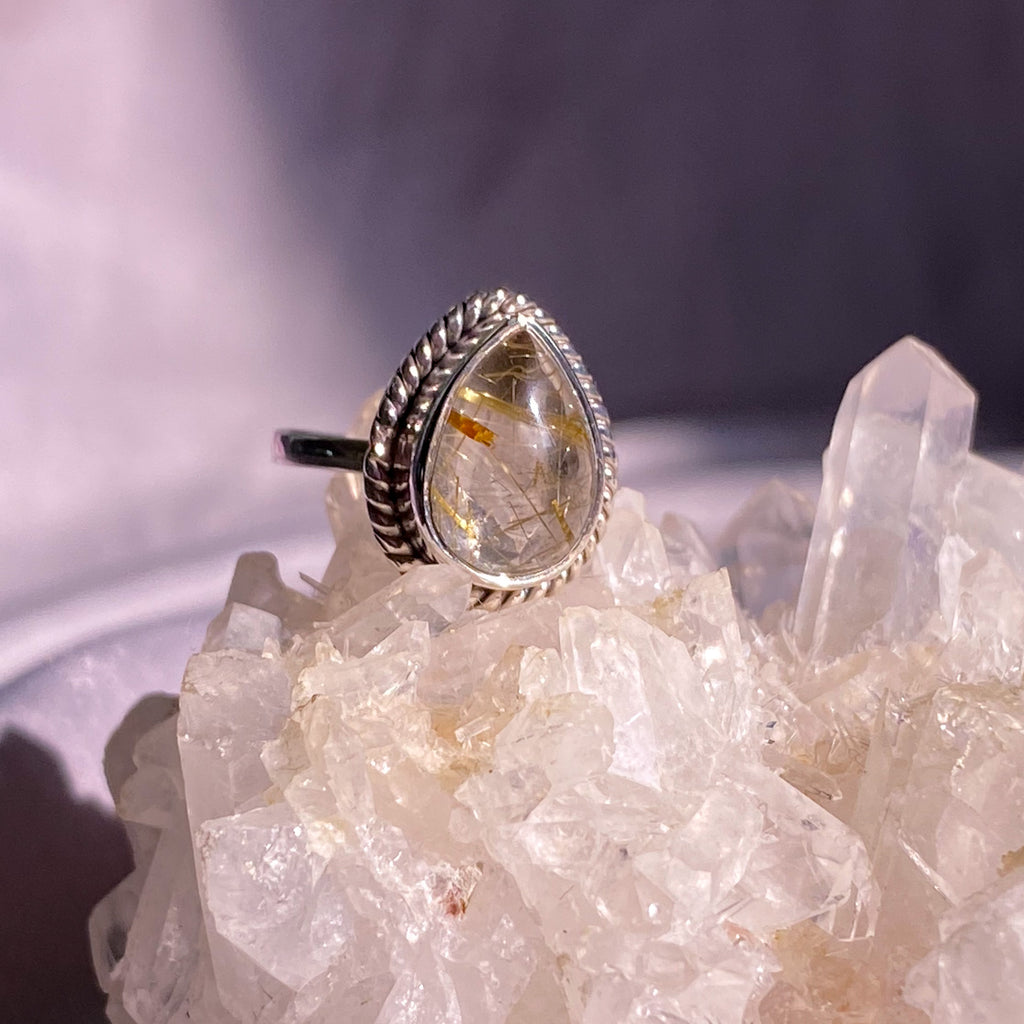 Gold Rutilated Quartz Teardrop Sterling Silver Ring