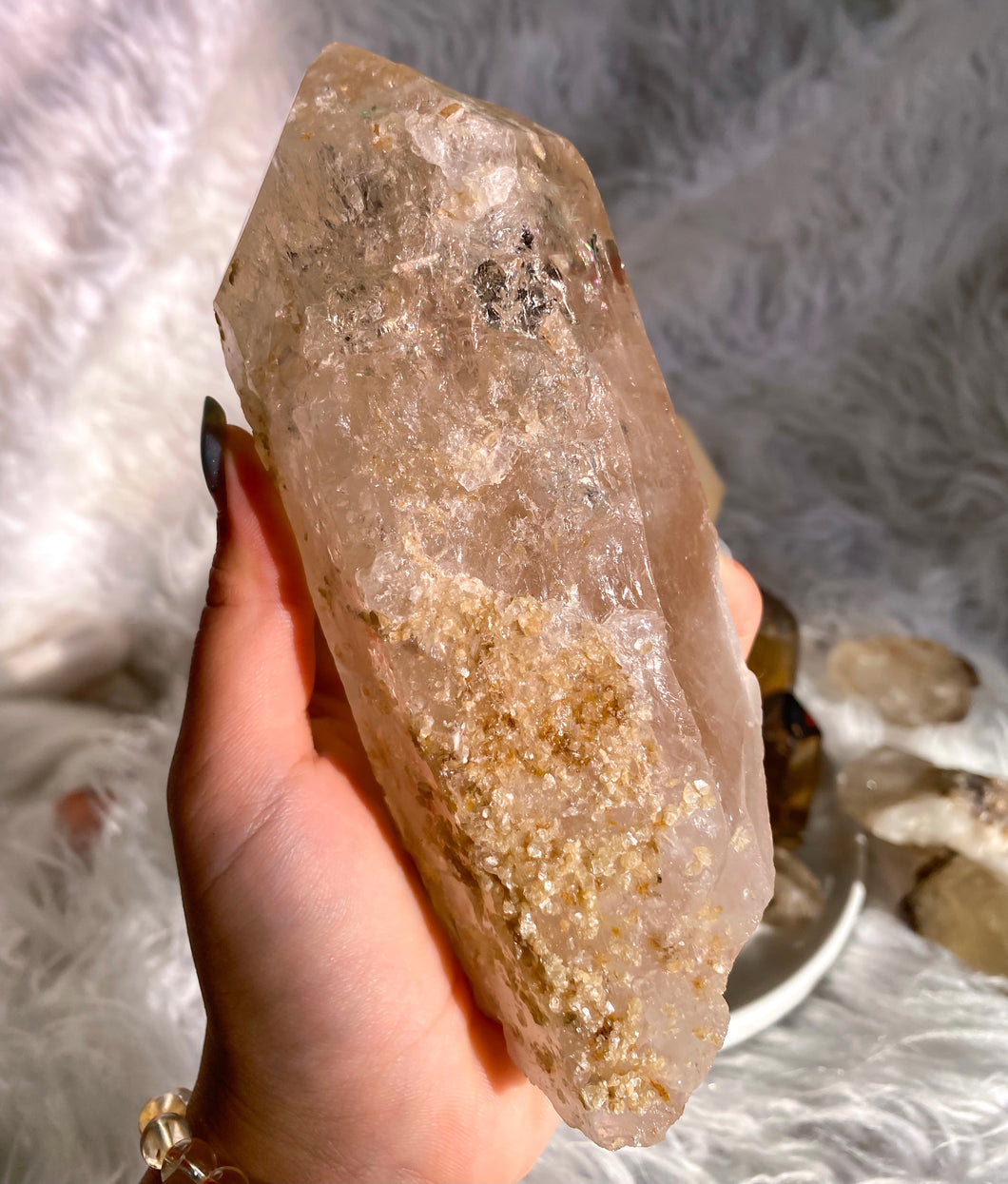 Natural Etched Raw Brazilian Champagne Colored Citrine Point with Yellow Mica
