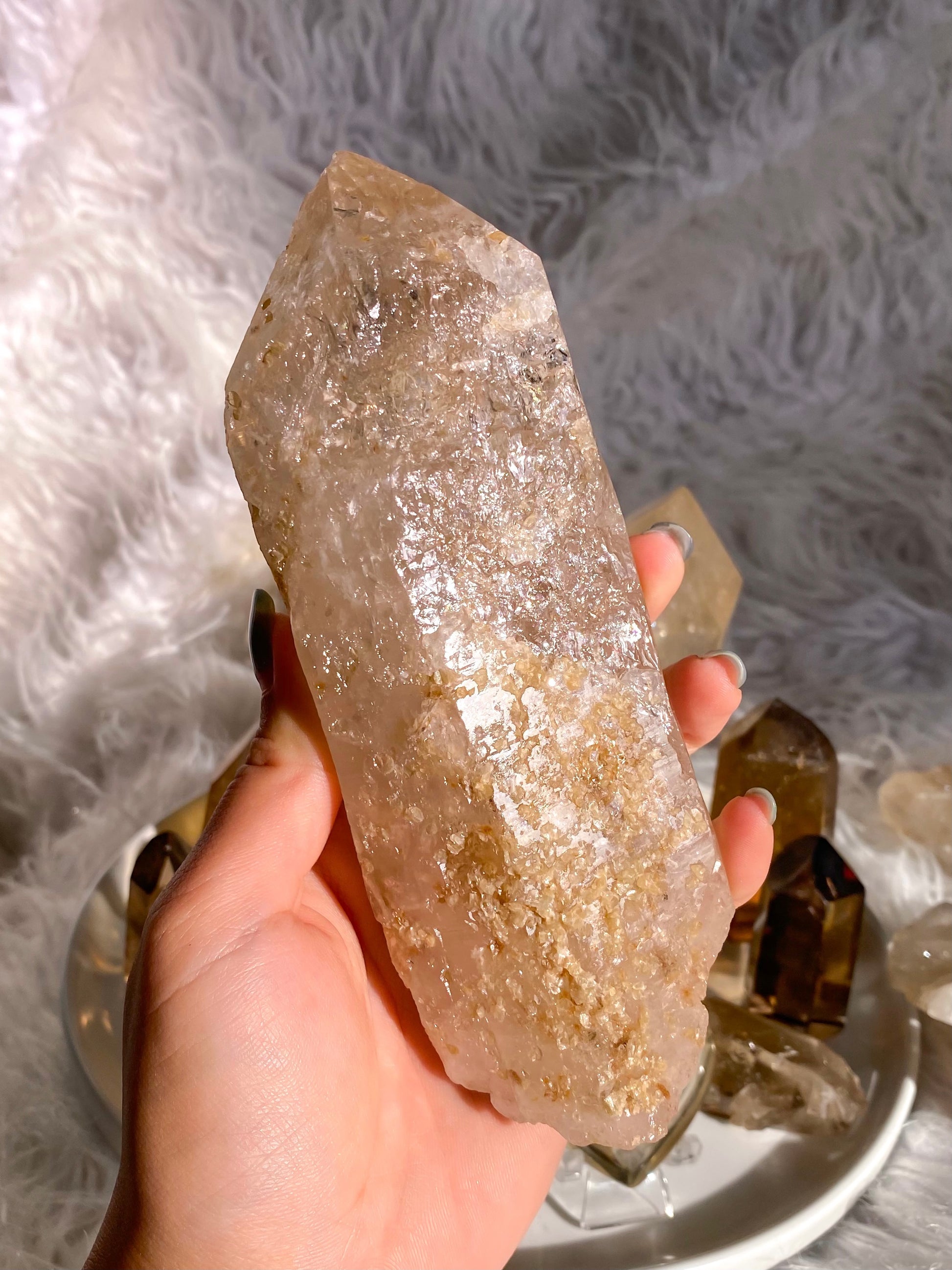 Natural Etched Raw Brazilian Champagne Colored Citrine Point with Yellow Mica