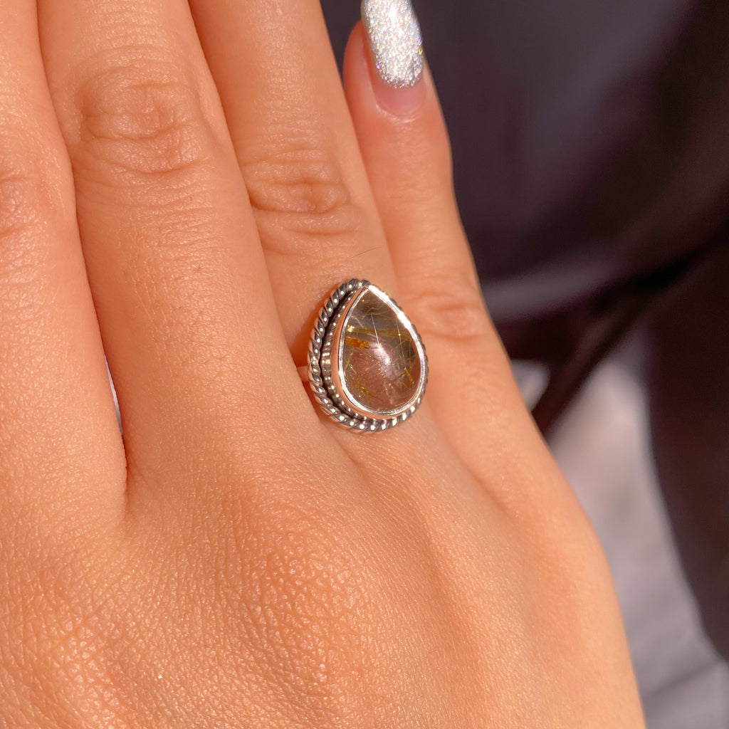 Gold Rutilated Quartz Teardrop Sterling Silver Ring