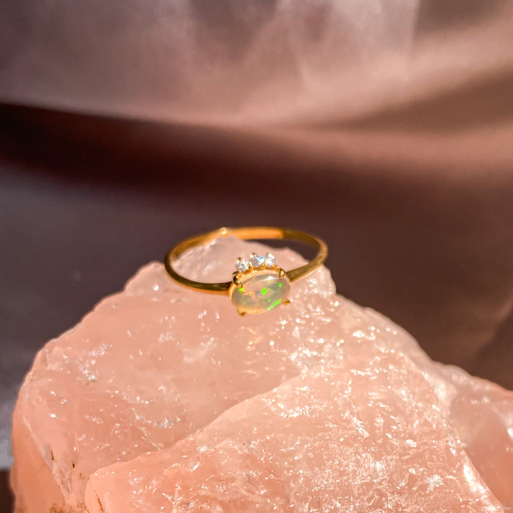 Ethiopian Fire Opal with 3 Zircon Ring with Dainty Gold Band OR-01