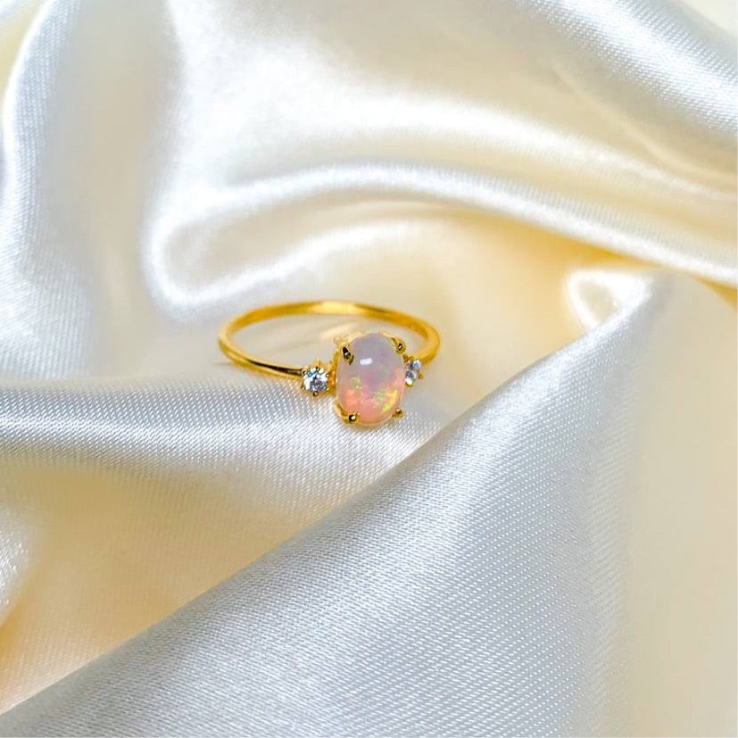 Ethiopian Opal Large Gem with Side Zircons on 18k Gold Filled Band