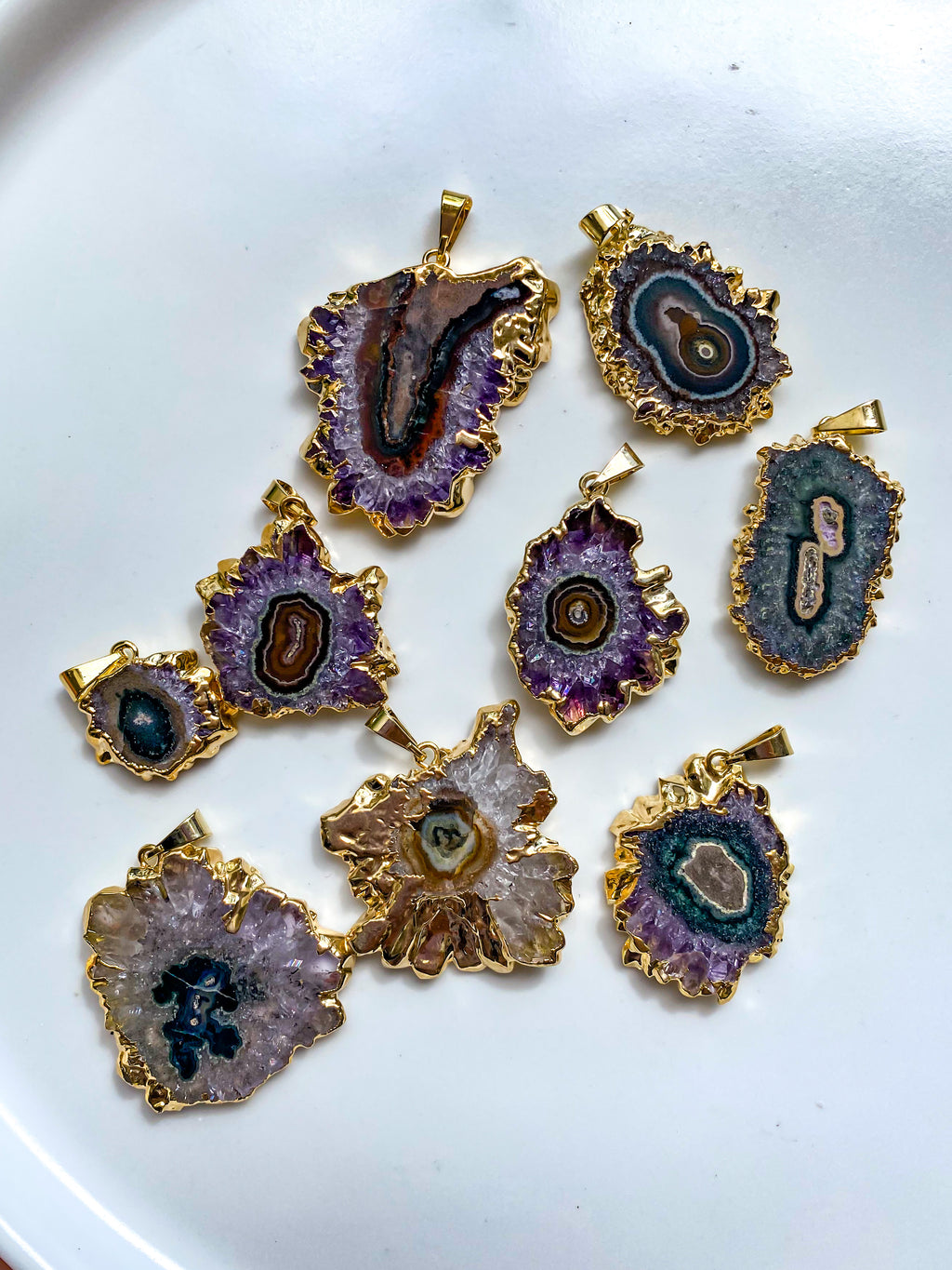 Amethyst Stalactite Pendants with Plated Edges