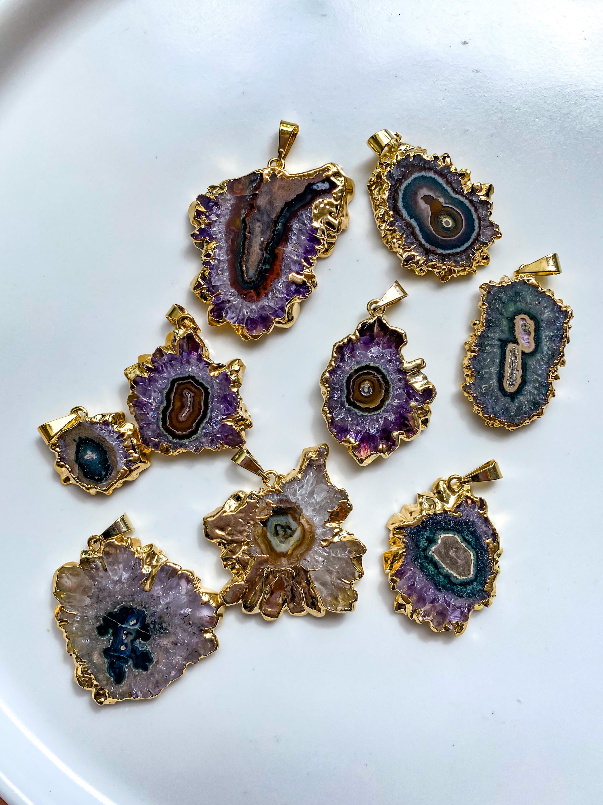Amethyst Stalactite Pendants with Plated Edges