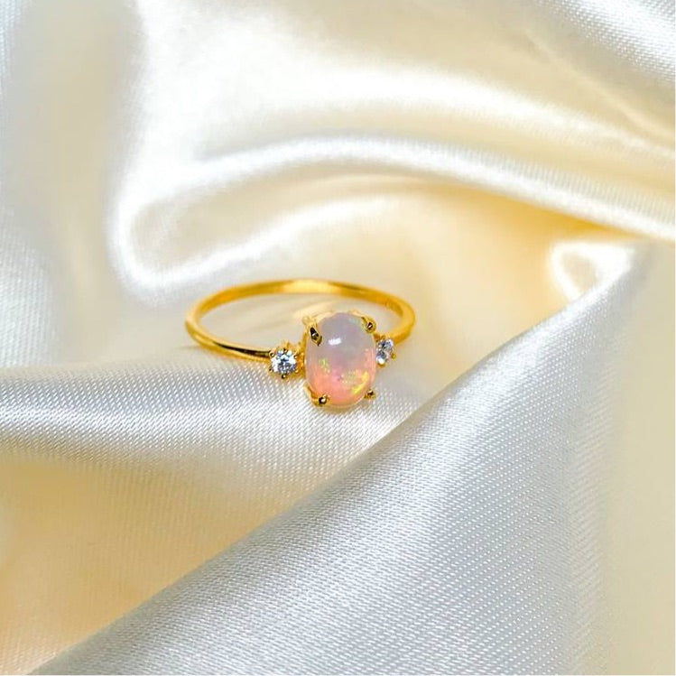 Ethiopian Opal Large Gem with Side Zircons on 18k Gold Filled Band