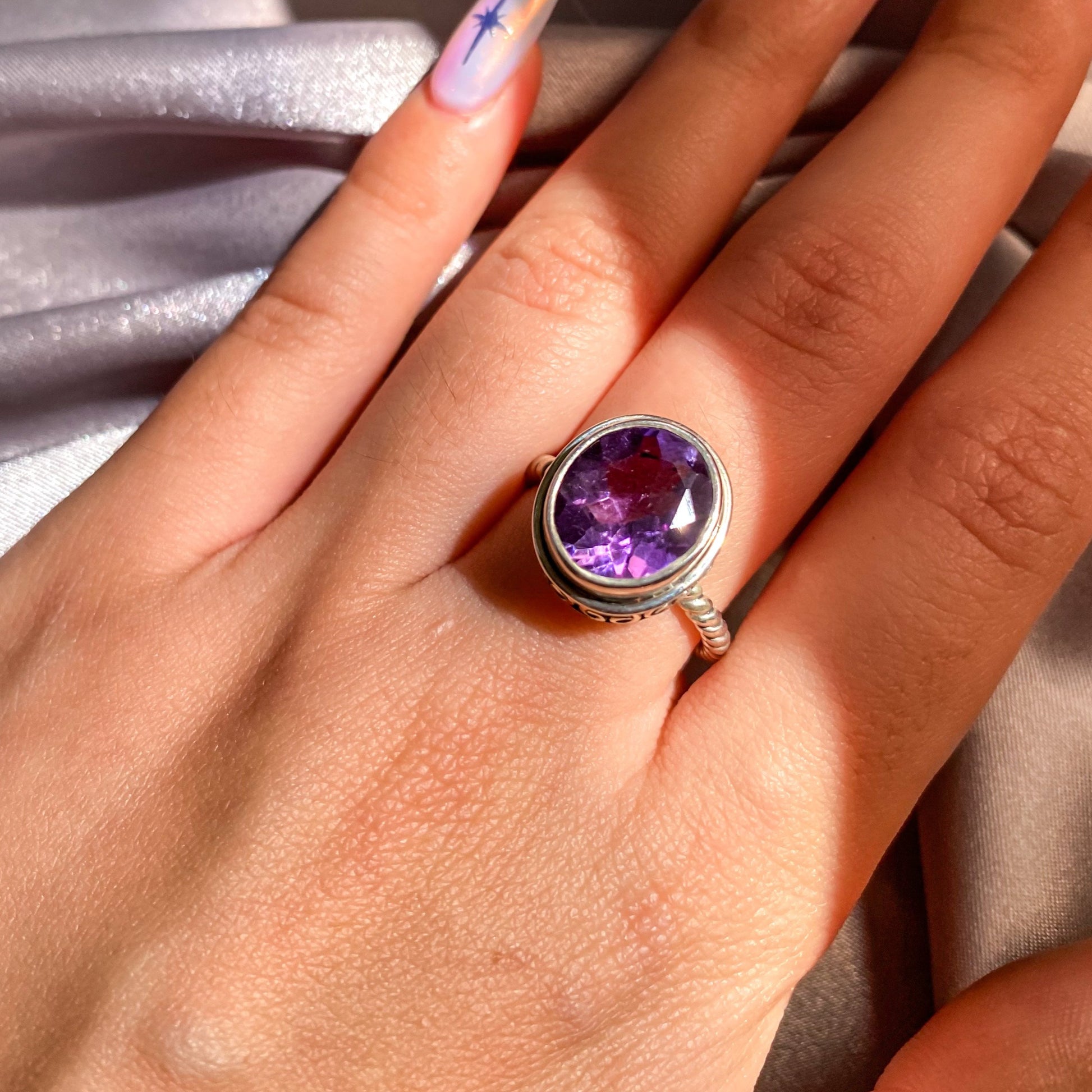 Amethyst Gemstone on Intricate Silver Rope Band Ring AR-01
