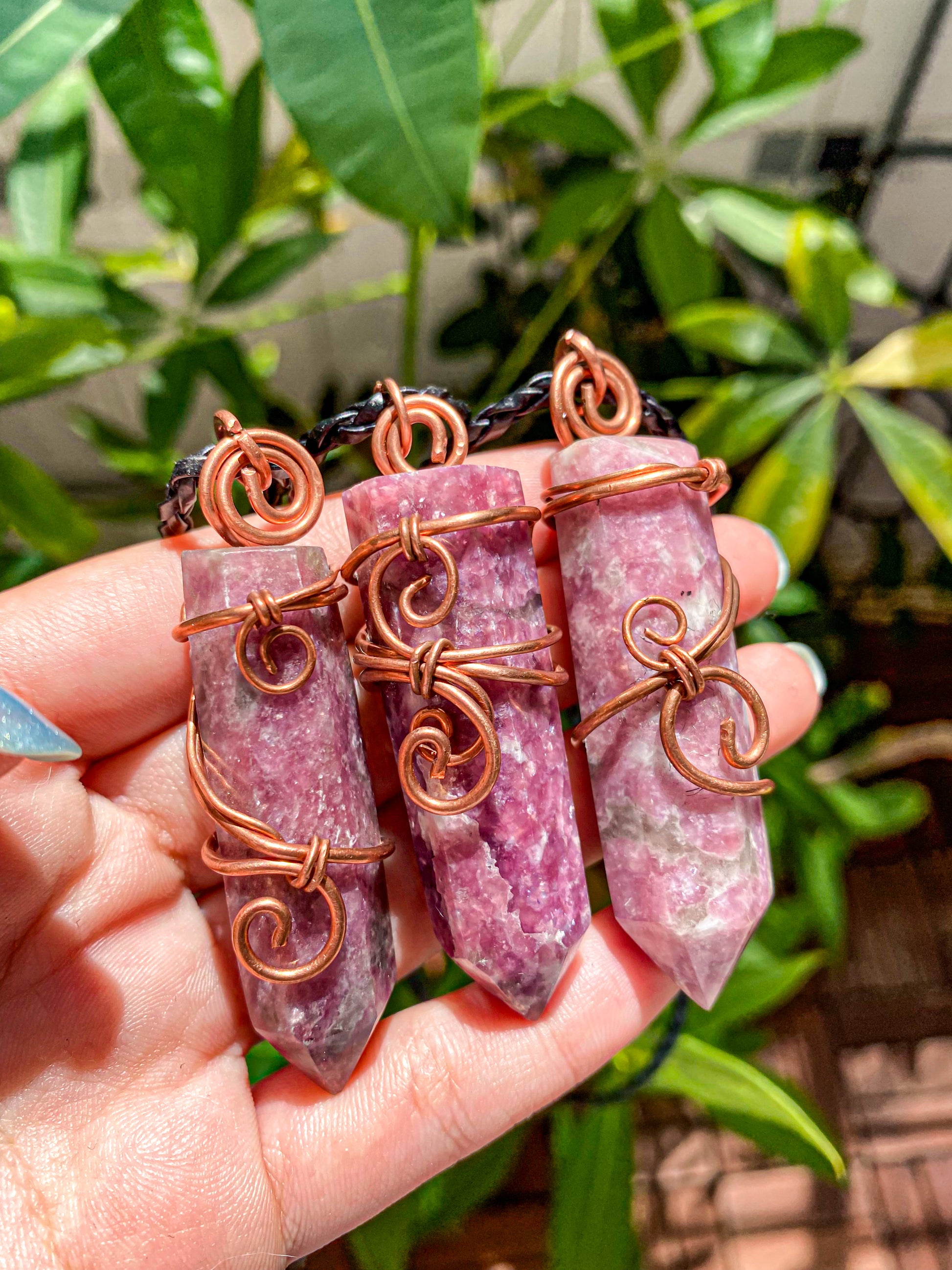 Lepidolite Points Wire Wrapped in Copper Pendants from Namibia