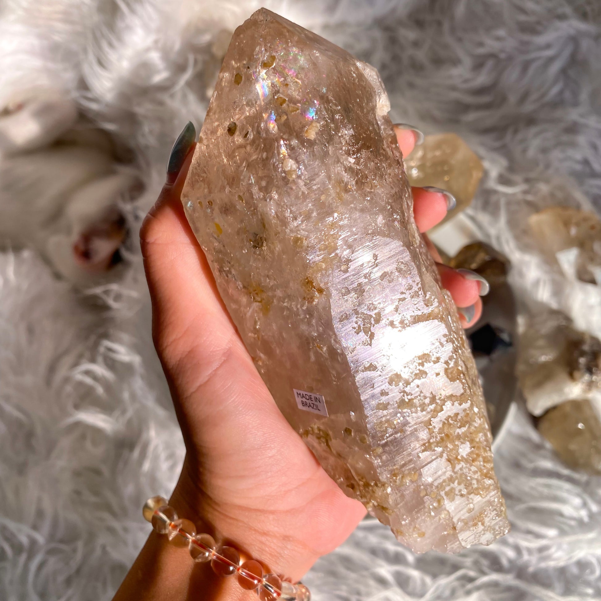 Natural Etched Raw Brazilian Champagne Colored Citrine Point with Yellow Mica