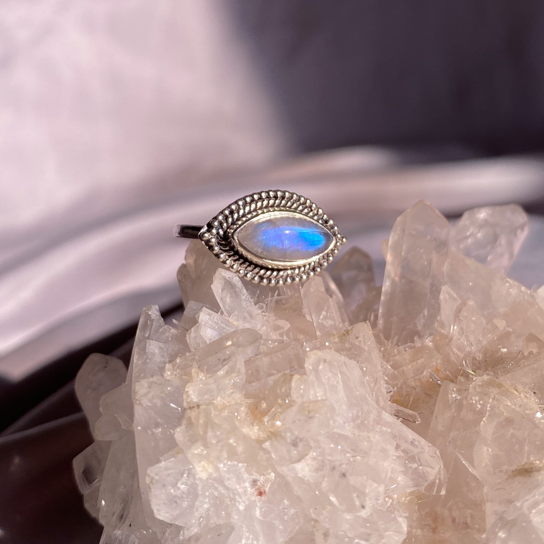 Moonstone “Eye” Ring in Intricate Setting