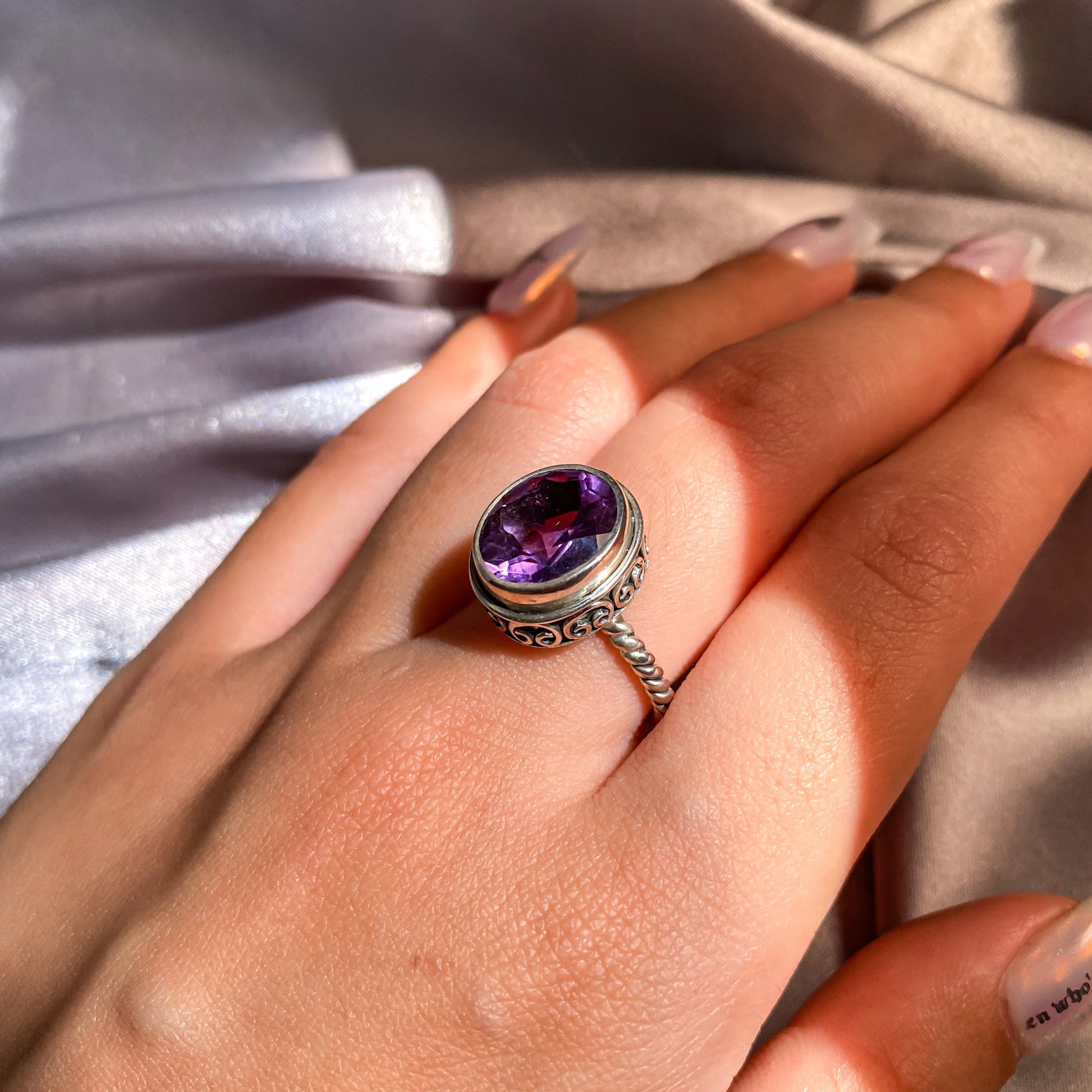 Amethyst Gemstone on Intricate Silver Rope Band Ring AR-01