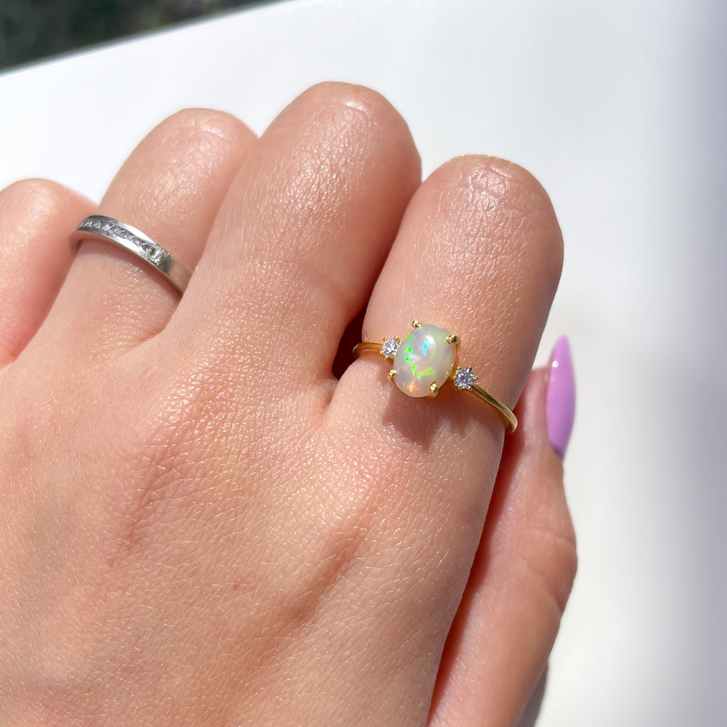 Ethiopian Opal Large Gem with Side Zircons on 18k Gold Filled Band
