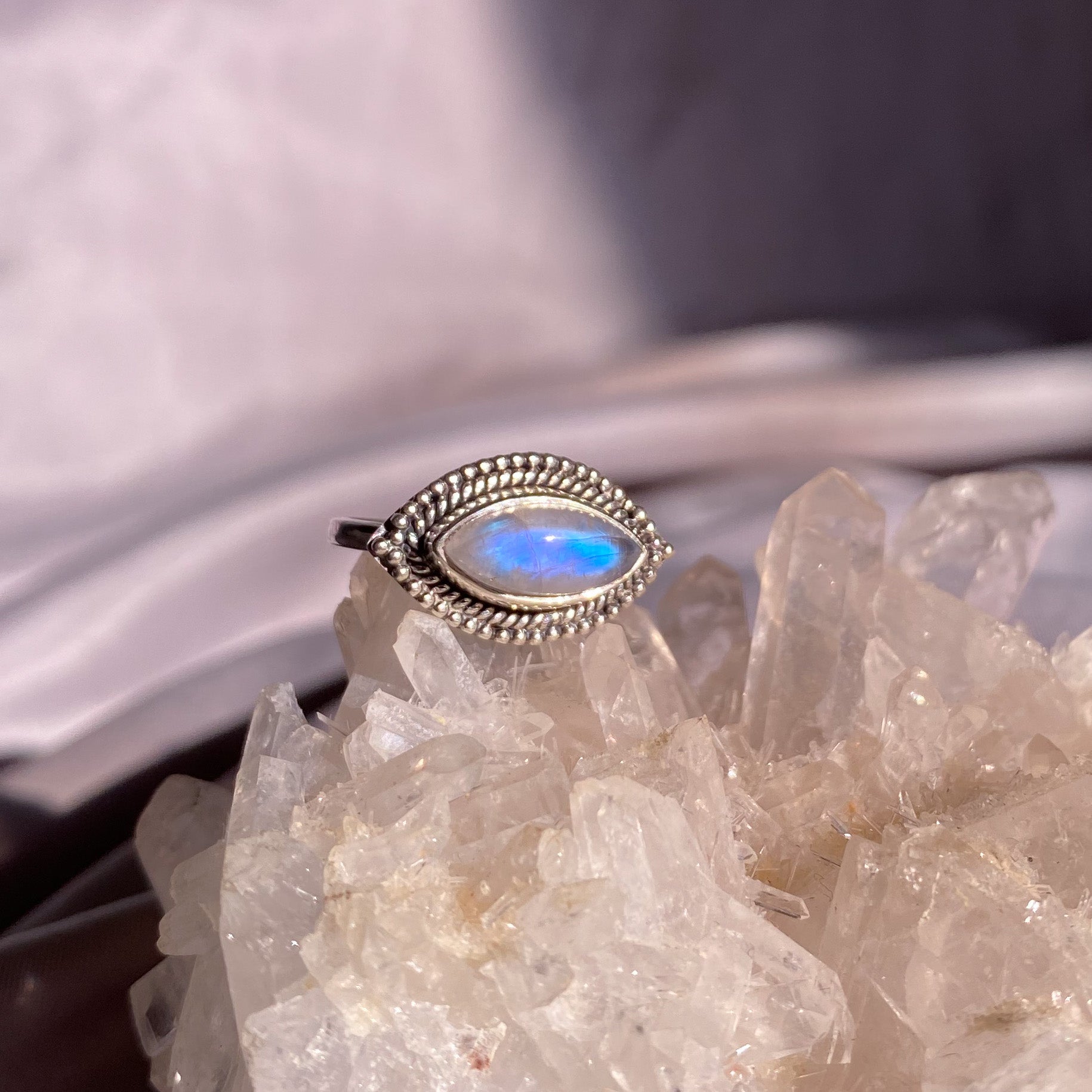 Moonstone “Eye” Ring in Intricate Setting