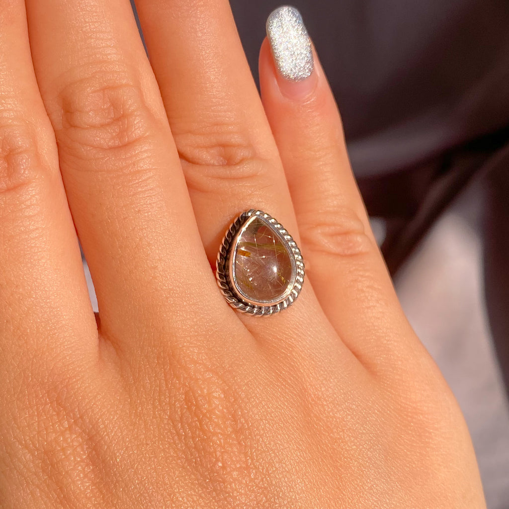 Gold Rutilated Quartz Teardrop Sterling Silver Ring