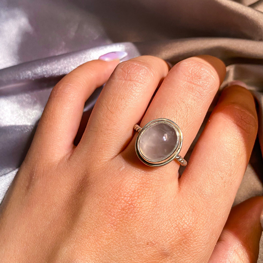 Rose Quartz on Intricate Silver Rope Band Ring RQR-01