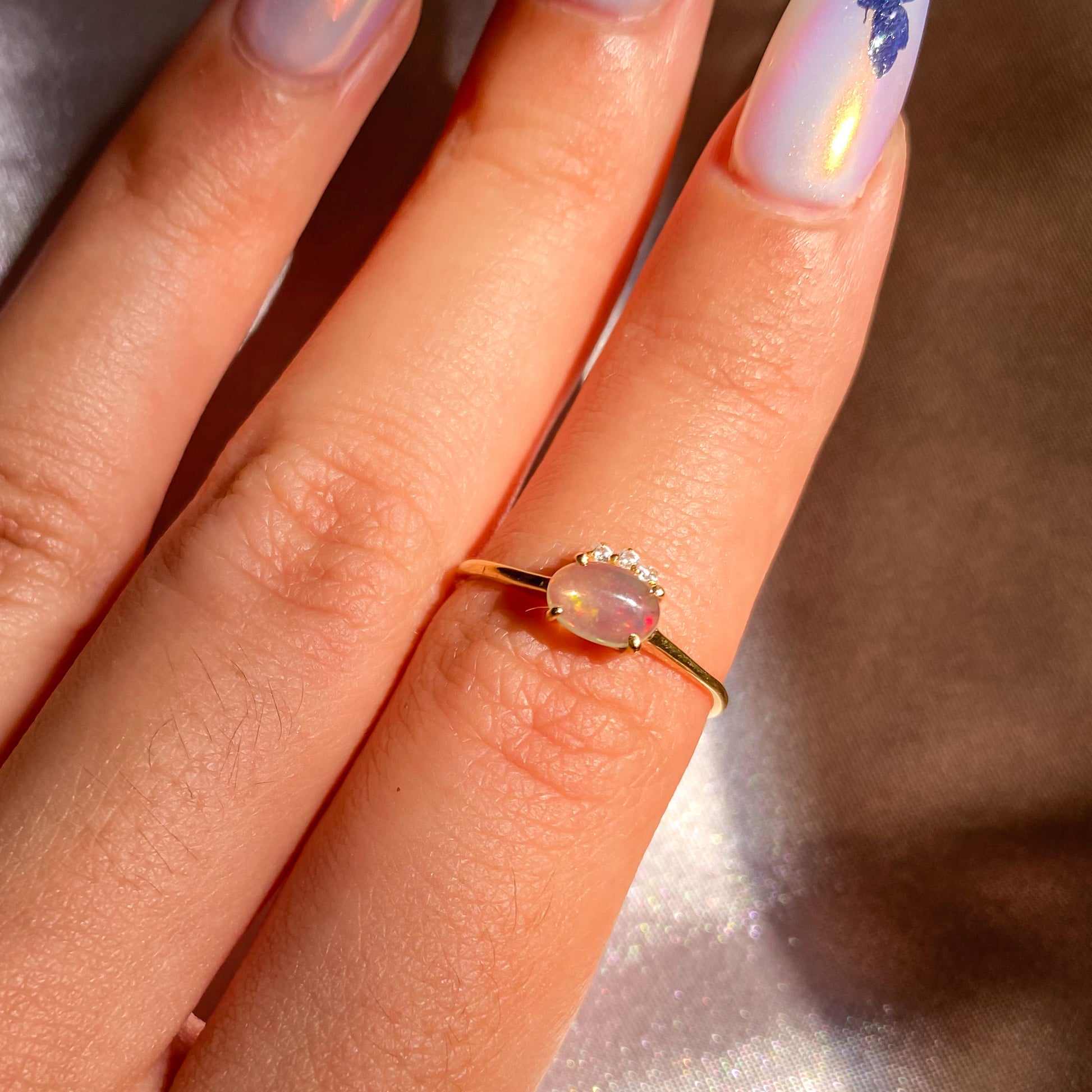 Ethiopian Fire Opal with 3 Zircon Ring with Dainty Gold Band OR-01
